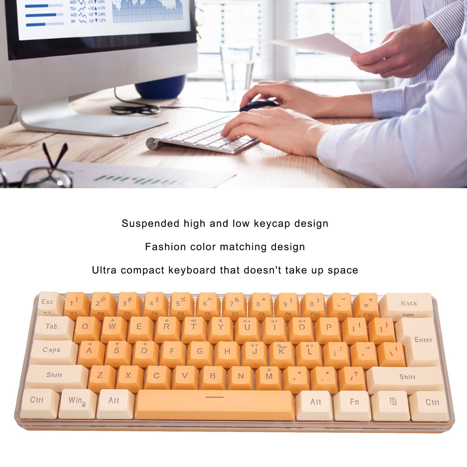 NIZUUONE 61 Key RGB Backlit Mechanical Gaming Keyboard - USB Wired, Tactile Switches for PC/Mac, Beige & Orange Design - Perfect for Office Work, Gaming & Typing Enthusiasts