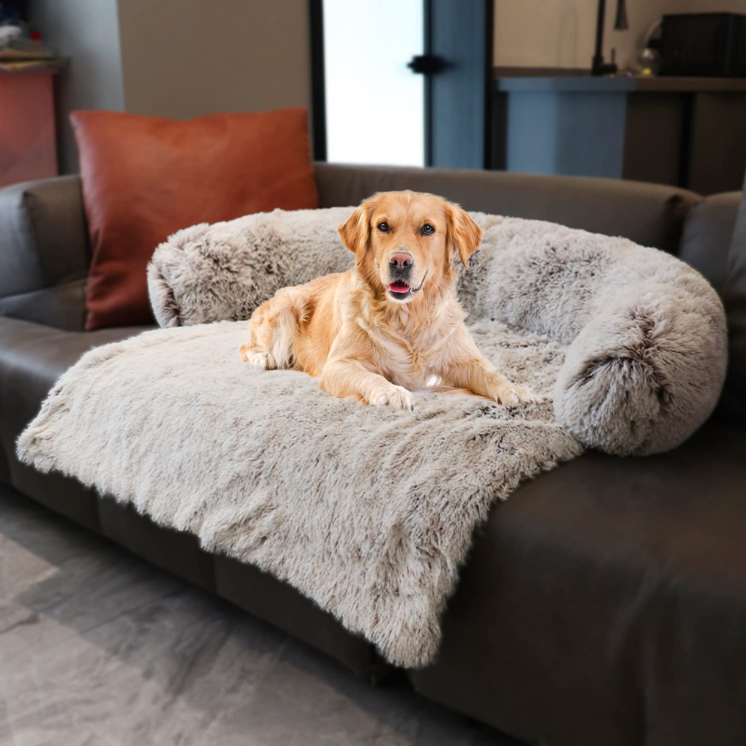 Waterproof Calming Dog Bed - Plush Pet Couch Protector & Sofa Mat with Soft Neck Bolster - Machine Washable Gradient Brown Small - Perfect for Anxiety Relief, Crate Training & Living Room Furniture Protection