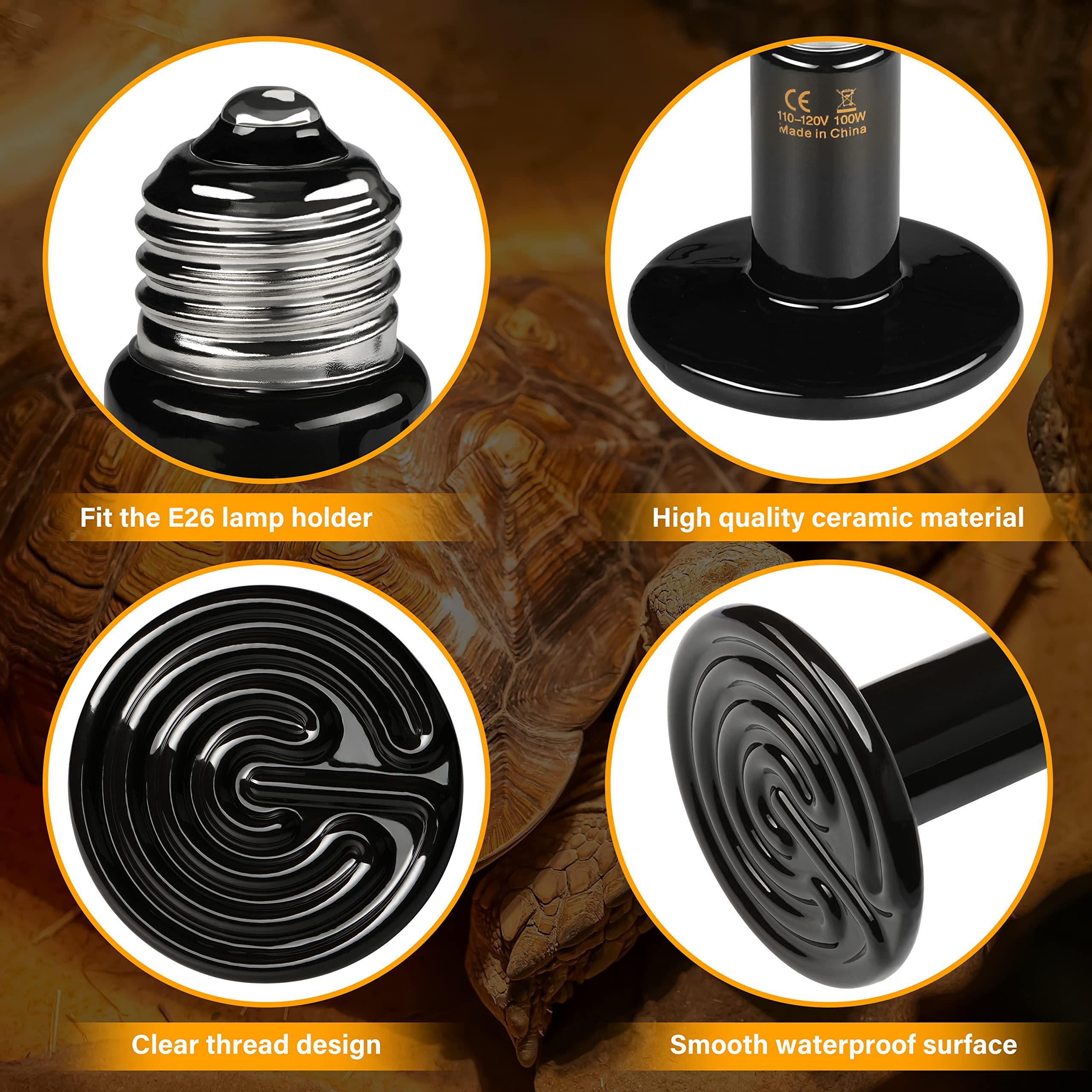 HealSmart 150W Ceramic Heat Emitter Bulbs 2-Pack - No Light Reptile Heat Lamp for Bearded Dragons, Turtles, Snakes & Lizards - Perfect for Terrariums, Brooders, Chicken Coops & Reptile Habitats (Black)