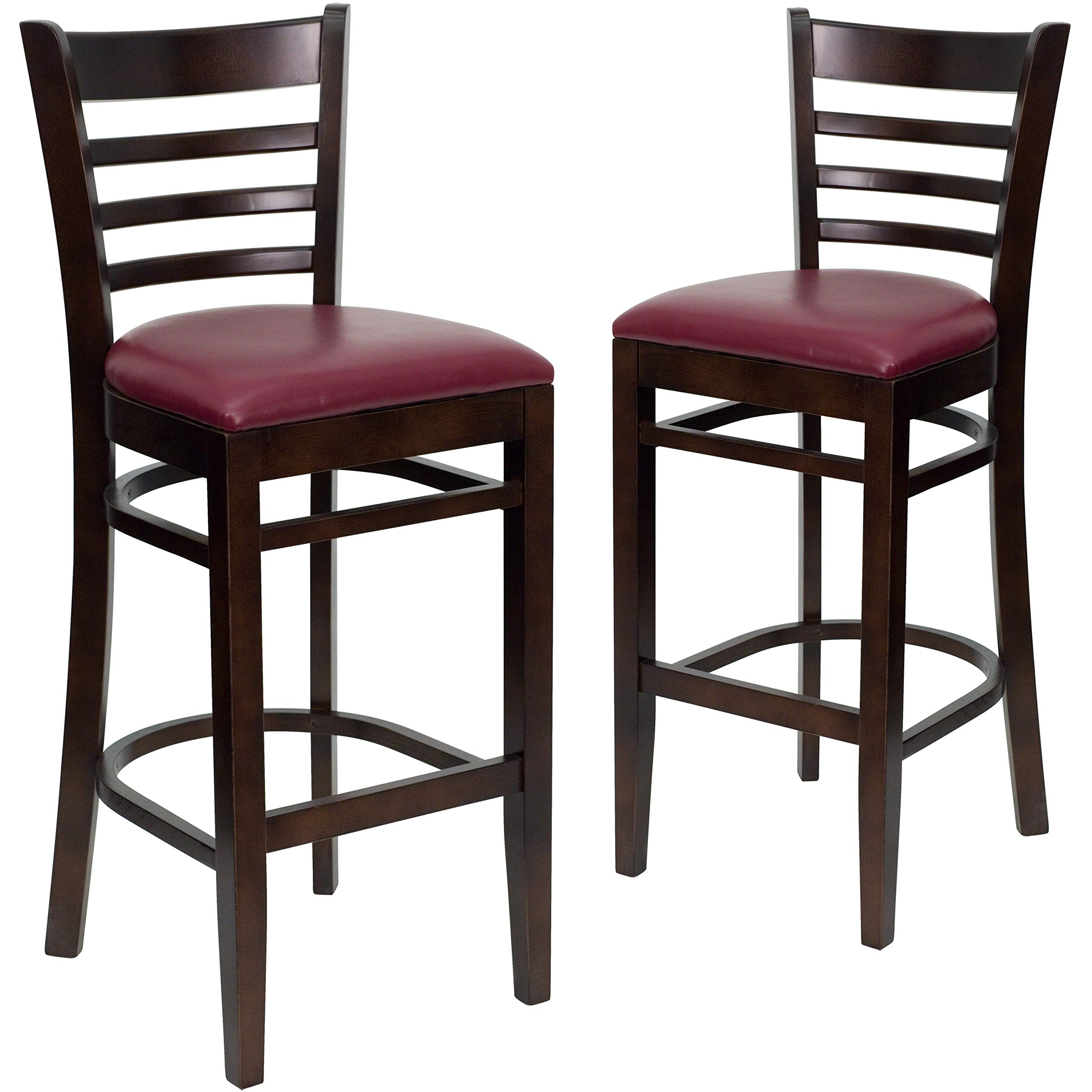 2 Pack Walnut Wood Bar Stools with Burgundy Vinyl Upholstered Seats - Rustic Ladder Back Design for Kitchen Island, Breakfast Bar & Restaurant Counter Stools - Durable & Comfortable Dining Chairs