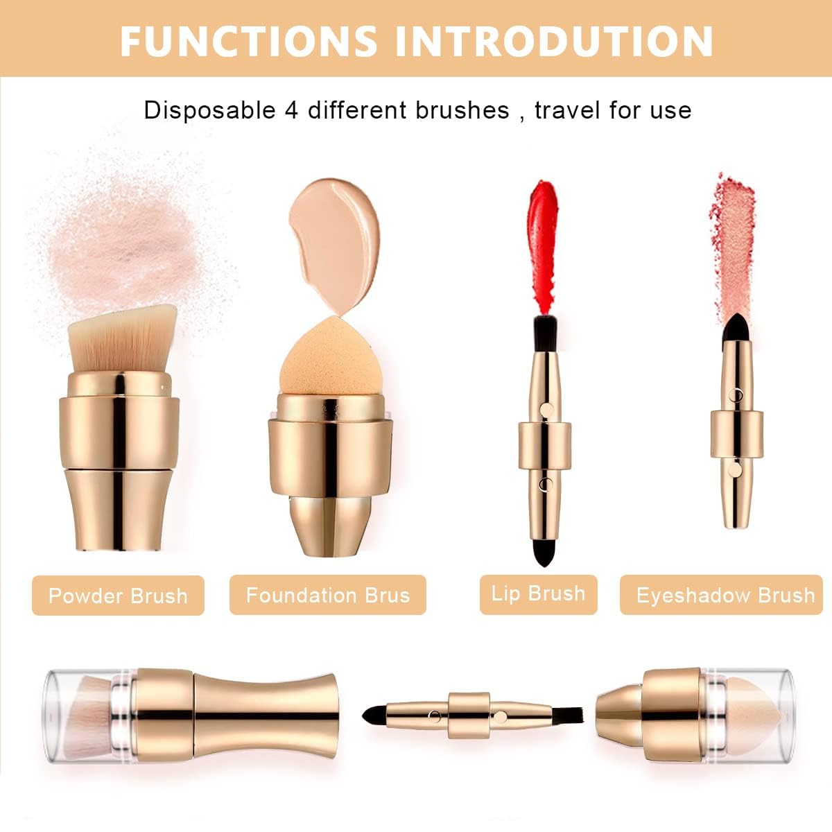 SKINPLUS 4-in-1 Travel Makeup Brush Set - Mini Portable Cosmetic Brush Kit with Foundation, Face, Lip & Concealer Brushes | Perfect for On-the-Go Makeup & Travel Essentials