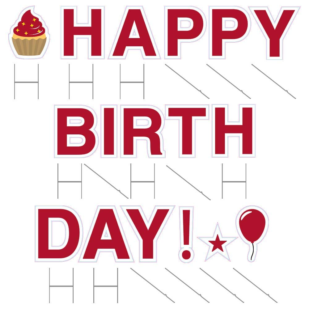 Happy Birthday Yard Signs with Stakes - 18in Tall Letters, Bonus Star Cupcake Balloon Decor - Weatherproof Outdoor Party Decorations for Birthdays, Anniversaries & Celebrations (Dark Red)