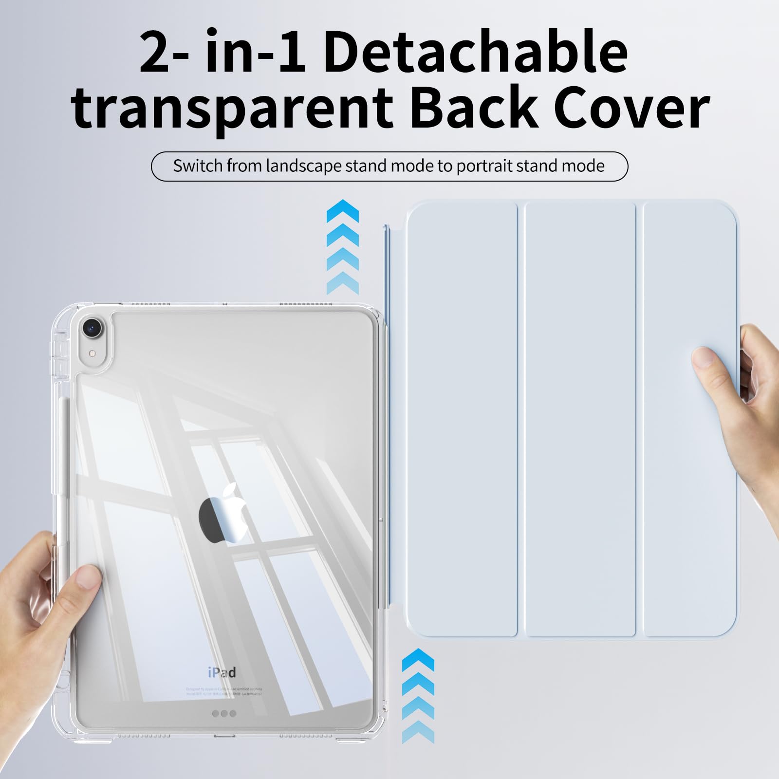 KenKe iPad Air 11-inch M2 (2024)/5th Gen (2022)/4th Gen (2020) Case with Pencil Holder - Detachable Clear Back Cover & Auto Sleep/Wake - Light Blue Protective Cover for Work, School & Travel