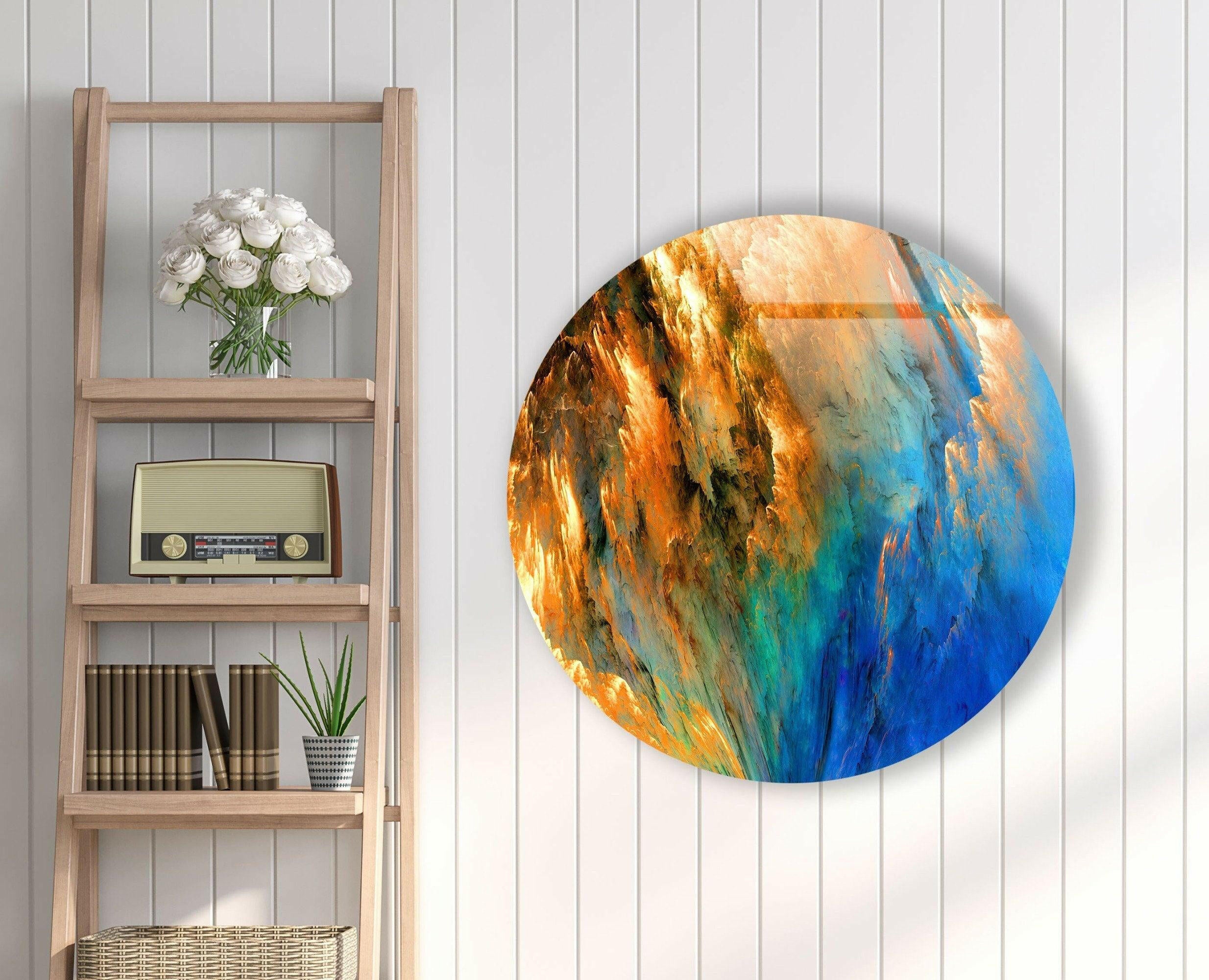 Blue & Orange Abstract Round Glass Wall Art Decor - Modern Handmade Glass Mosaic for Living Room, Bedroom, Office & Dining Area