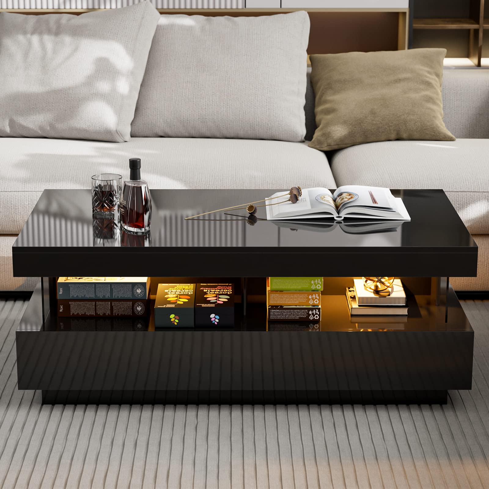 Modern Black Coffee Table with LED Lights & Storage Drawers - Living Room Centerpiece