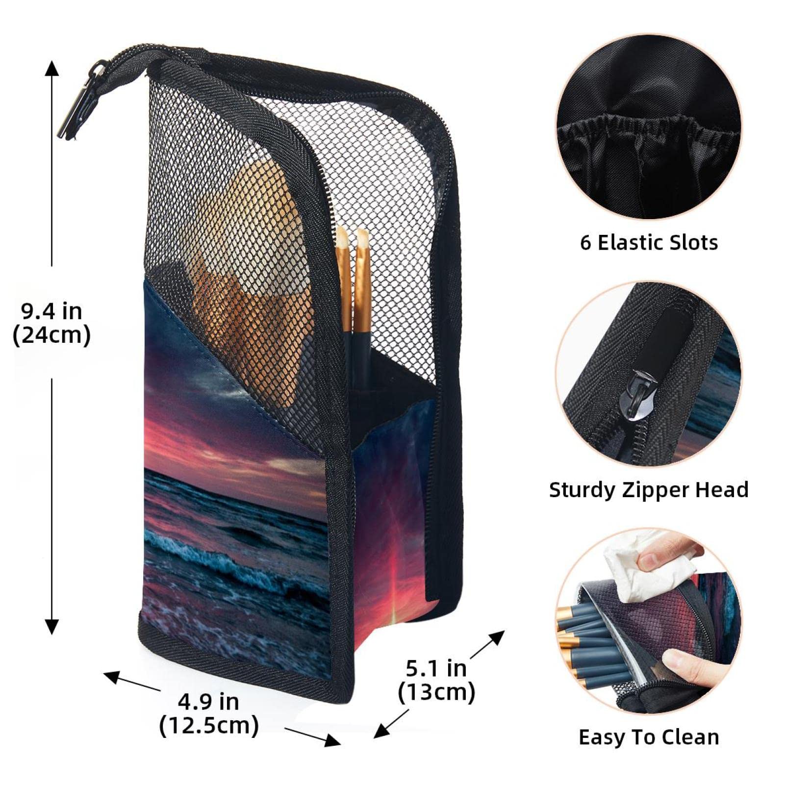 12-Piece Makeup Brush Organizer Bag - Portable Travel Cosmetic Brush Holder Case with Zipper, Pink Sea Sunset Design - Perfect for Beach Vacations, Daily Makeup Storage & On-The-Go Touch Ups