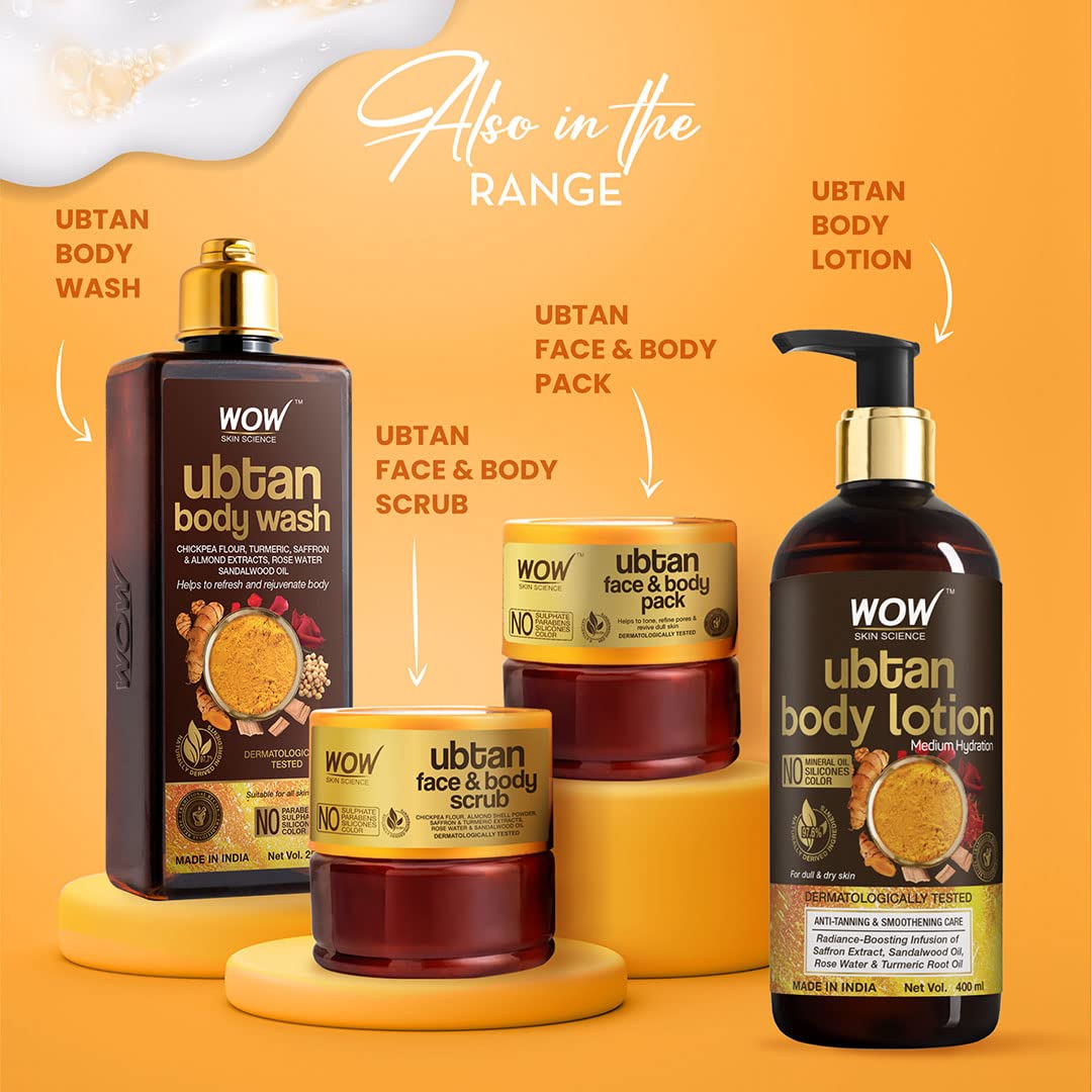 WOW Skin Science Ubtan Body Wash with Chickpea Flour, Almond Extract, Saffron & Turmeric - Natural De-Tan & Brightening Body Cleanser - Sulfate-Free, Paraben-Free, Silicone-Free - 250ml for Glowing Skin - Perfect for Daily Use & Post-Sun Care