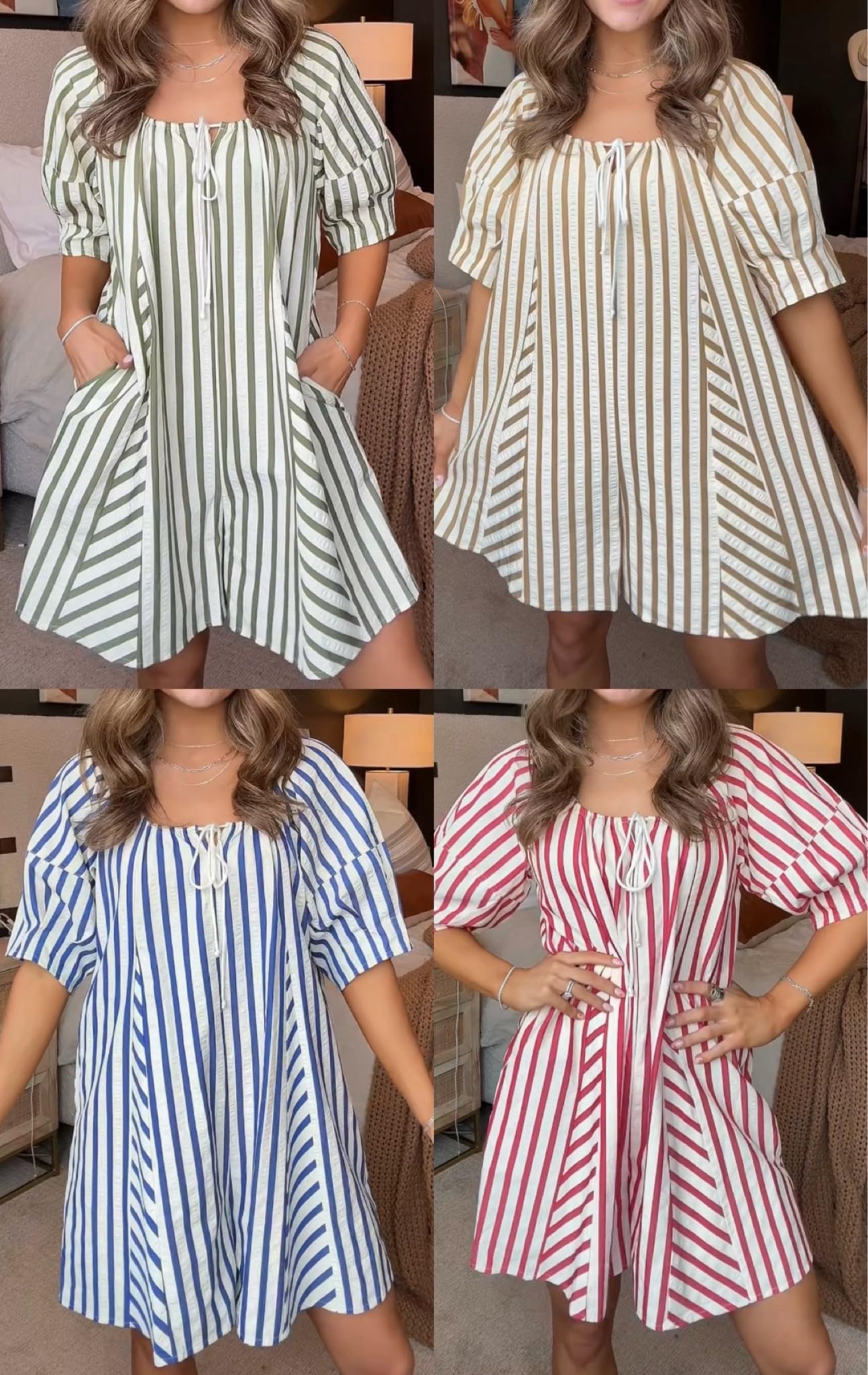 Athlisan Women's Striped Romper - Casual Loose Puff Sleeve Wide Leg Jumpsuit Overalls with Pockets | Summer Outfit, Beach Wear, Vacation Dress, Street Style Fashion