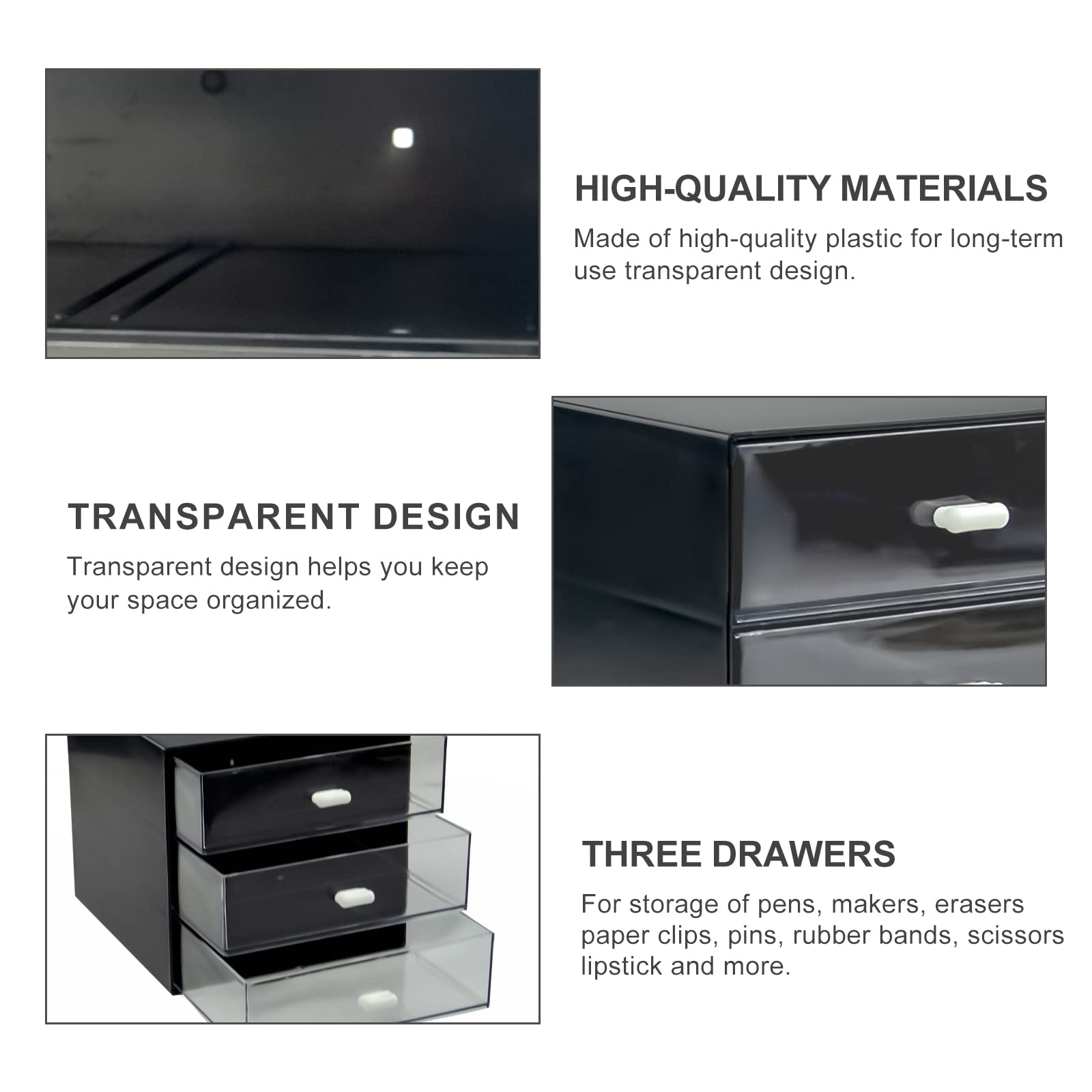 3-Drawer Black Plastic Desk Organizer with Storage Box - Office, School & Home Stationery Supplies Organizer for Pens, Paper Clips & Small Accessories - Perfect for Workspace, Study Desk & Dorm Room Organization