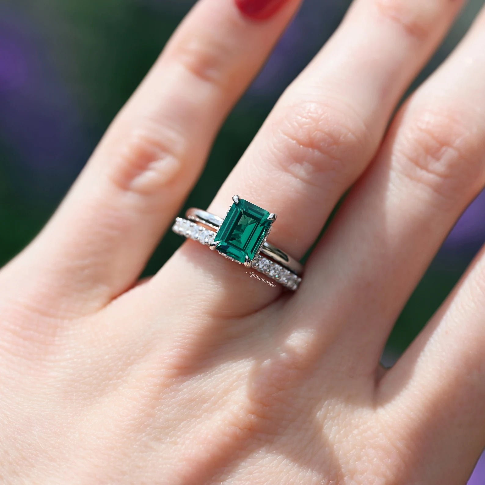 Hidden Halo Emerald Ring Set - 925 Sterling Silver Wedding Engagement Ring for Women, Perfect for Proposals, Anniversaries & Special Occasions