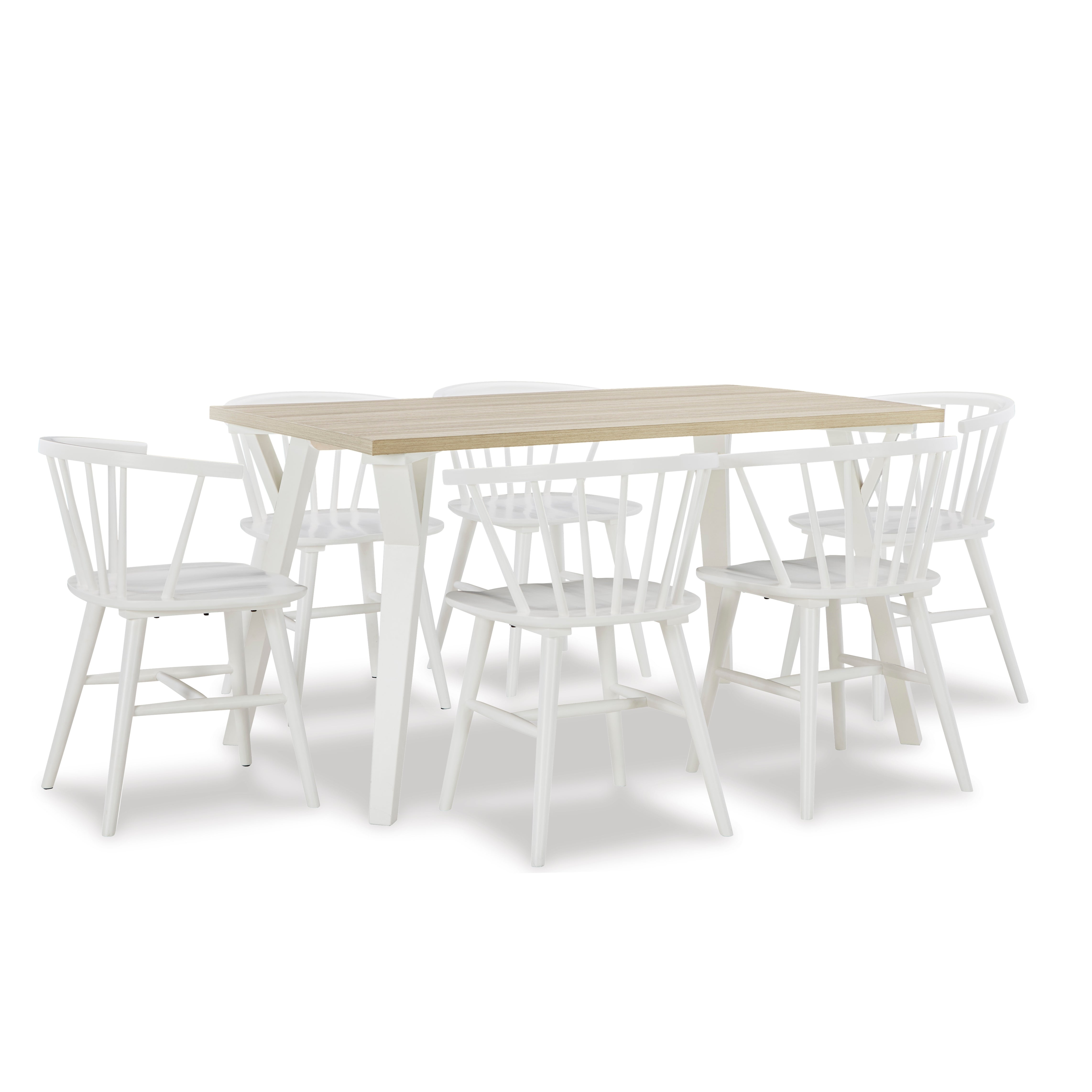 Roundhill Furniture Alwynn 7-Piece Dining Set - White & Natural Wood Dining Table with 6 Windsor Chairs for Kitchen, Dining Room & Breakfast Nook