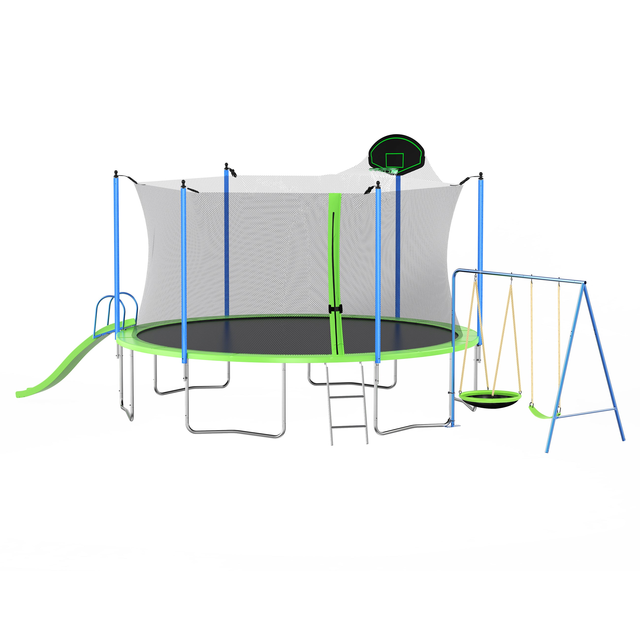 14FT Outdoor Trampoline with Slide, Swings, Basketball Hoop & Ladder - ASTM Approved Large Recreational Trampoline with Safety Net for Kids & Adults - Perfect for Backyard Fun, Family Exercise & Outdoor Play