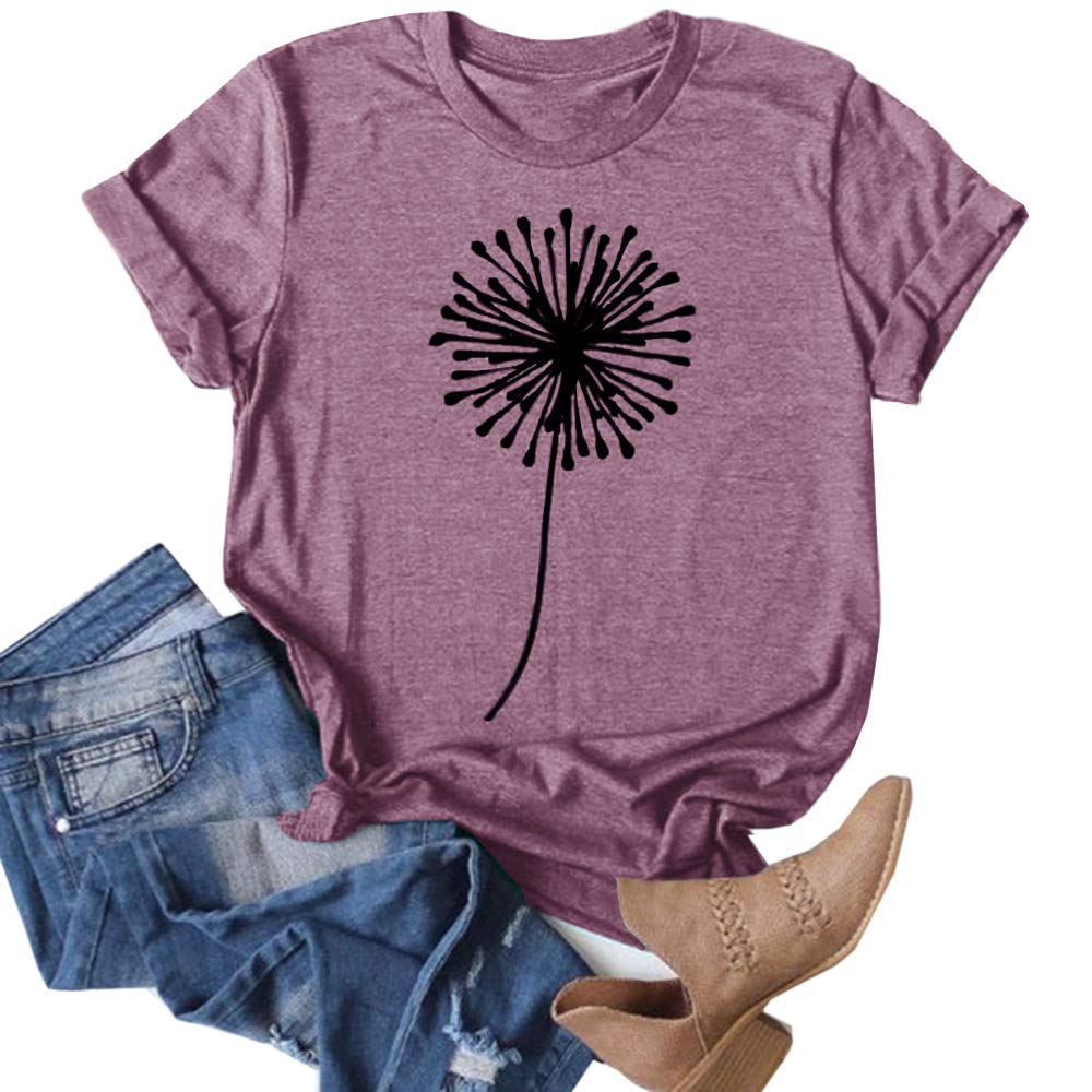 Cicy Bell Women's Dandelion Print Cotton T-Shirt - Cute Graphic Short Sleeve Summer Top for Casual Wear, Outings & Beach Vacations