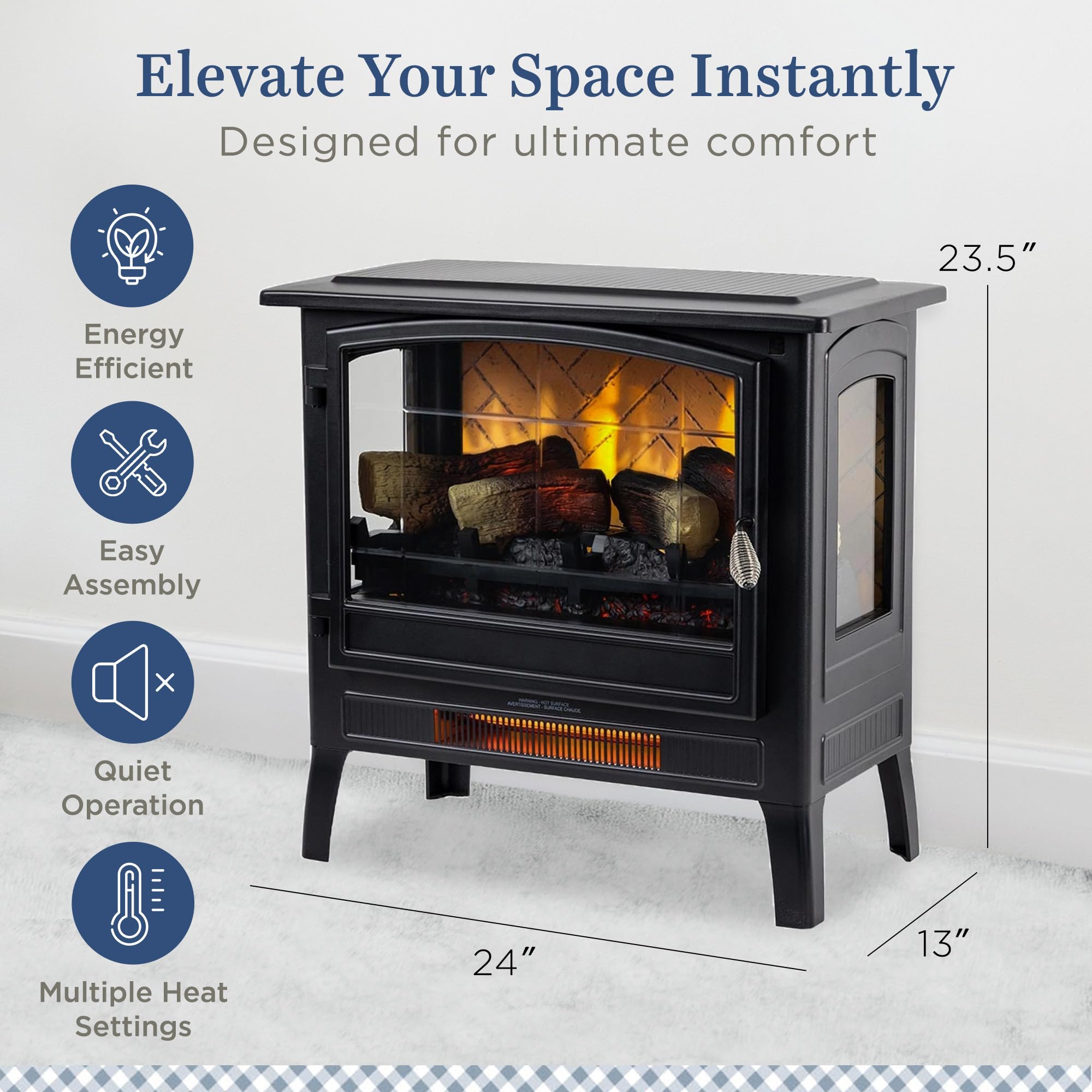 Black Infrared Freestanding Electric Fireplace Stove Heater - Remote Control, Adjustable Flame Colors, Metal Design with Faux Wood Logs | Supplemental Zone Heating for Living Room, Bedroom & Office