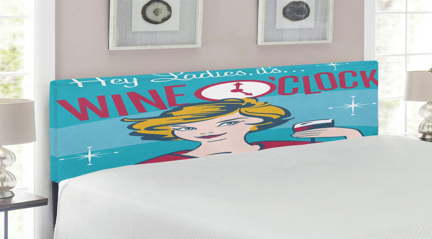 Ambesonne Wine Themed Headboard - King Size Upholstered Bed Headboard with Memory Foam, Retro Cheers Design in Magenta Blue Yellow - Perfect for Master Bedroom & Wine Lover's Home Decor