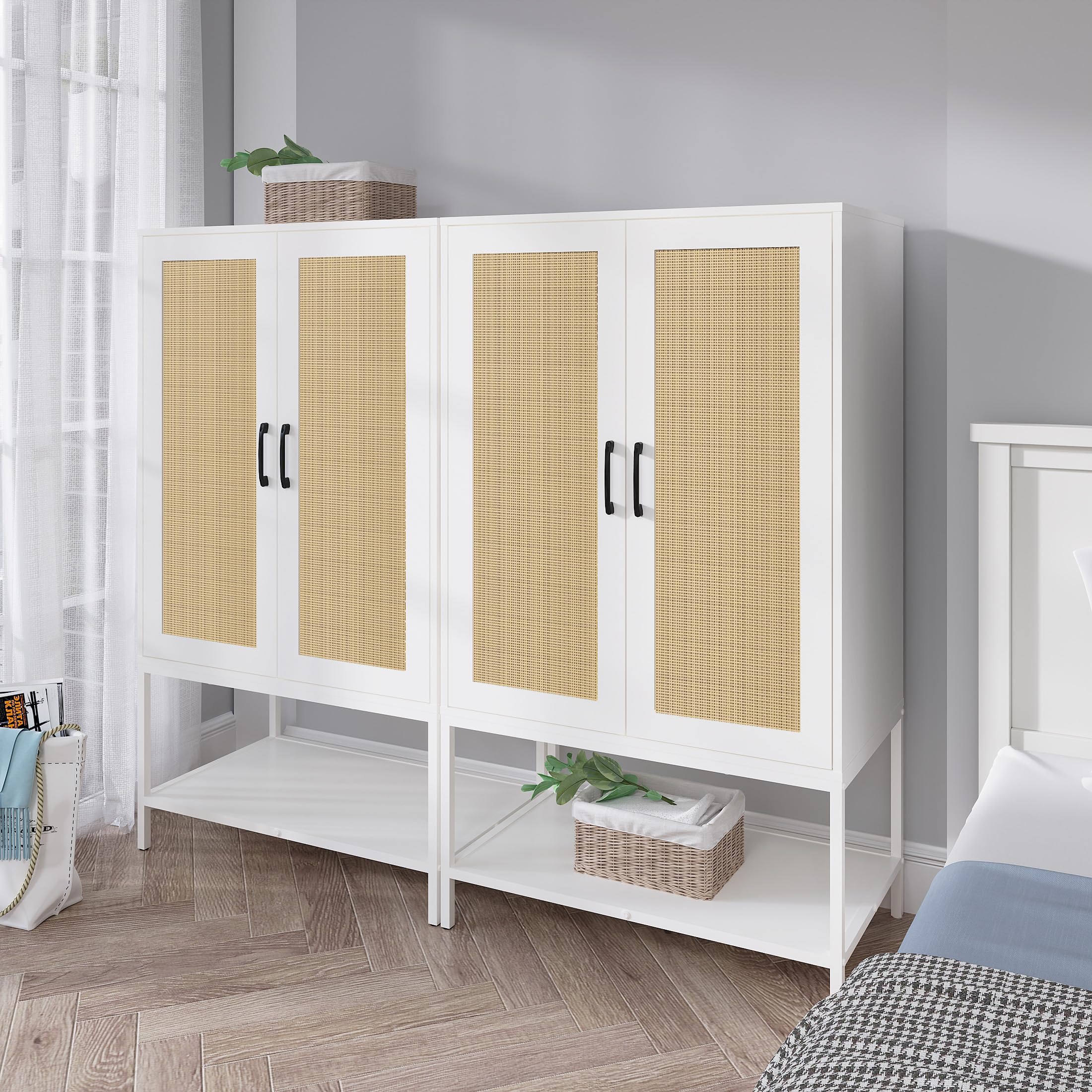 Rattan Wardrobe Closet - 2 Door Wooden Armoire with Shelves & Hanging Rod for Bedroom Organization | White Storage Cabinet for Clothes, Shoes & Accessories | Perfect for Small Spaces, Apartments & Dorm Rooms