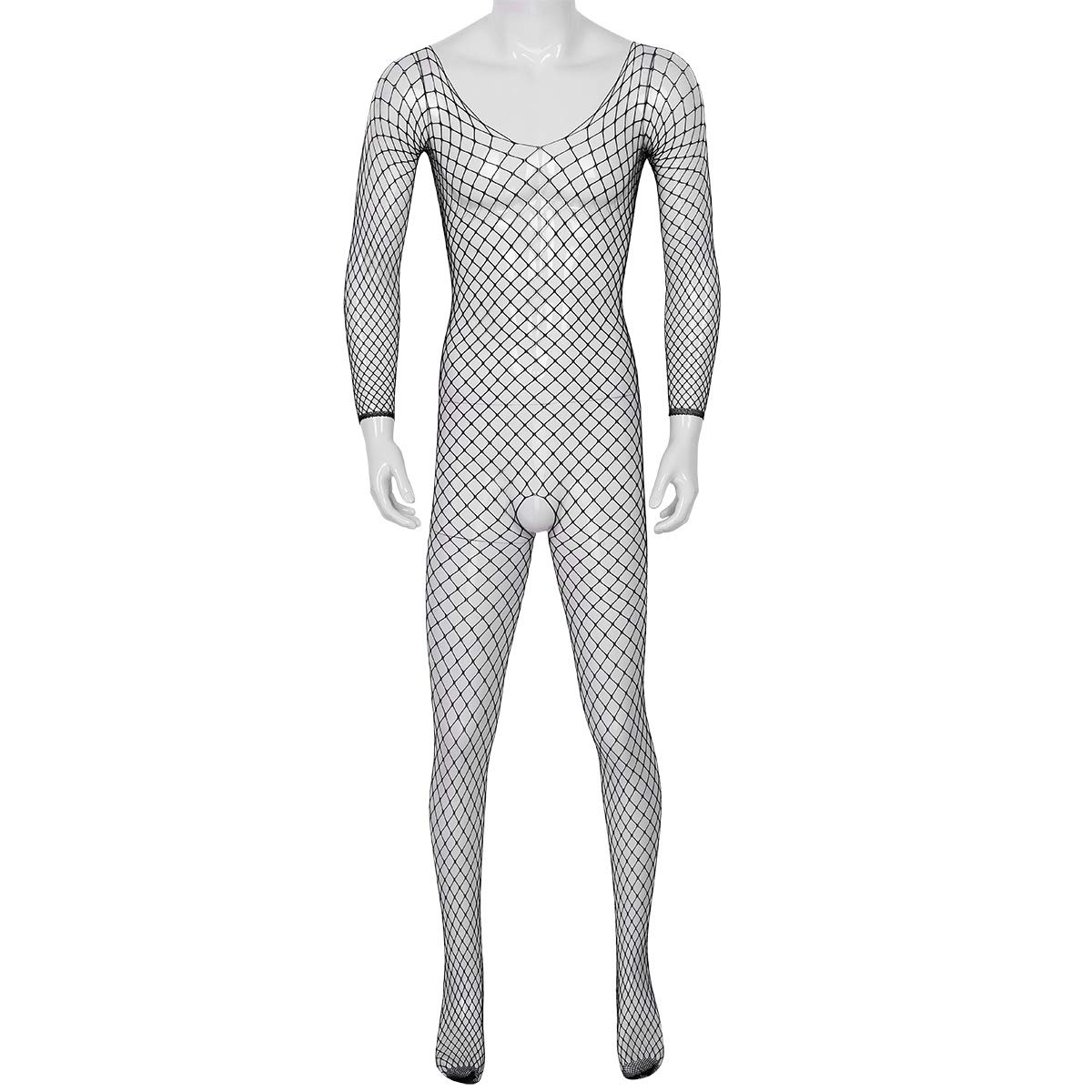 ACSUSS Black Men's Fishnet Pantyhose Tights - Sexy Open Files Bodysuit Stockings for Cosplay, Dance & Nightwear