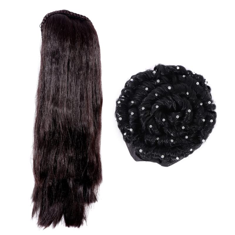 Navjai Straight Synthetic Hair Wig & Hair Extension for Women & Girls - Juda/Bun Maker, Bridal & Party Accessories (Pack of 2) - Perfect for Weddings, Prom, Cosplay & Special Events