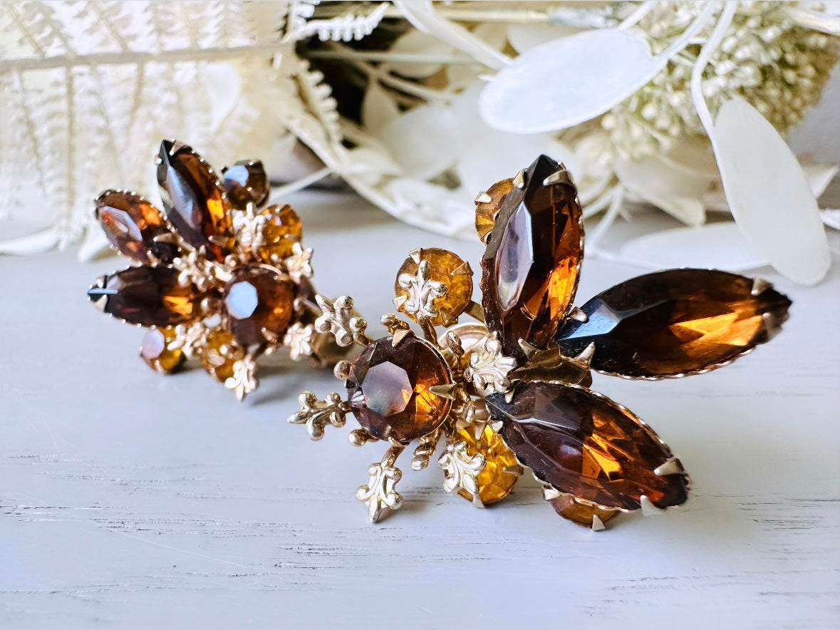 Vintage Amber Rhinestone Earrings - 1950s Marquise Flower Clip-On Earrings for Women | Retro Jewelry for Parties, Weddings & Special Occasions