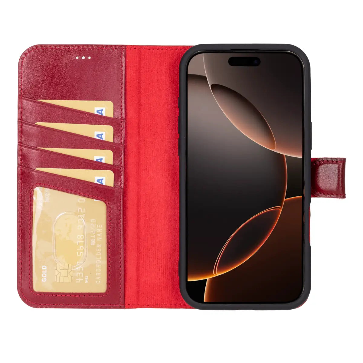Premium Burnished Red Leather iPhone 17 Pro Max Wallet Case - Slim Protective Cover with Card Slots for Credit Cards & ID - Perfect for Business, Travel & Everyday Use
