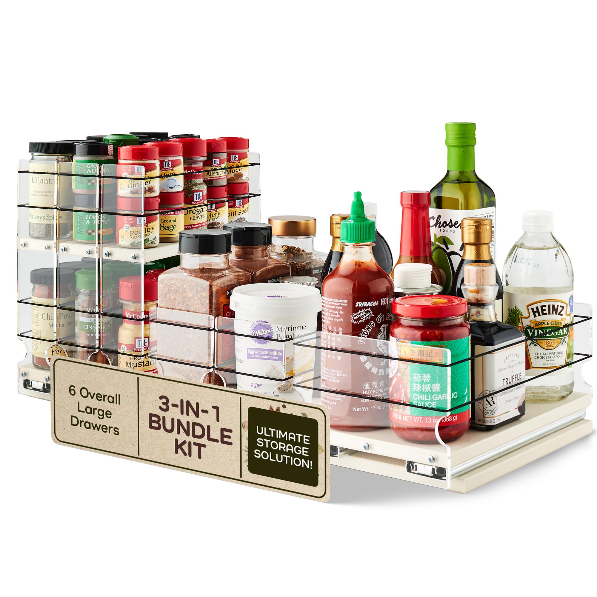 3-in-1 Sliding Spice Rack Organizer for Kitchen Cabinets - Vertical Pull Out Spice Storage with Adjustable Shelves - Made in USA - Perfect for Pantry Organization & Small Space Saving Solution