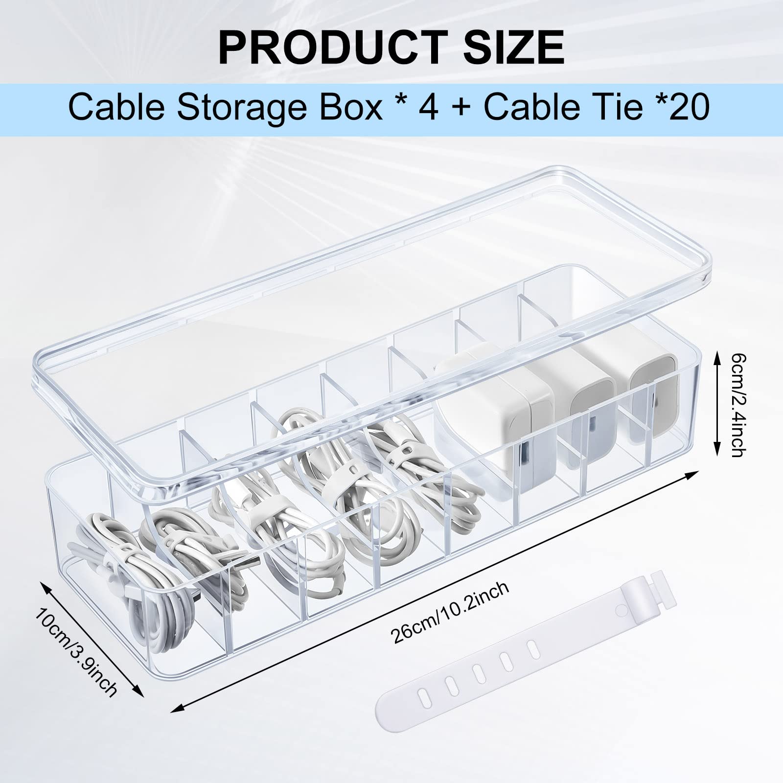 Tatuo 4-Piece Clear Plastic Cable Organizer Set with 40 Wire Ties & Lid - Cord Storage Box for Home Office Desk Organization - Perfect for Managing Computer Wires, Phone Chargers & Electronic Accessories