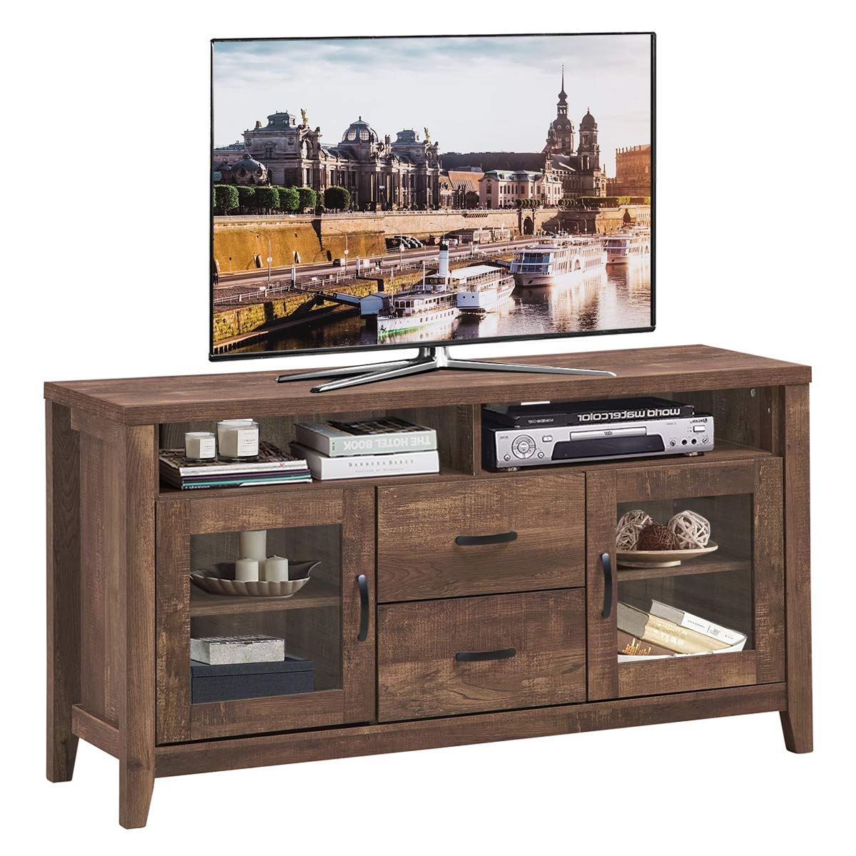Tangkula 65-Inch Wooden TV Stand with Drawers & Tempered Glass Doors - Retro Rustic Media Console Cabinet for Living Room, Entertainment Center (Walnut) | Perfect for Home Theater Setup & Living Room Organization