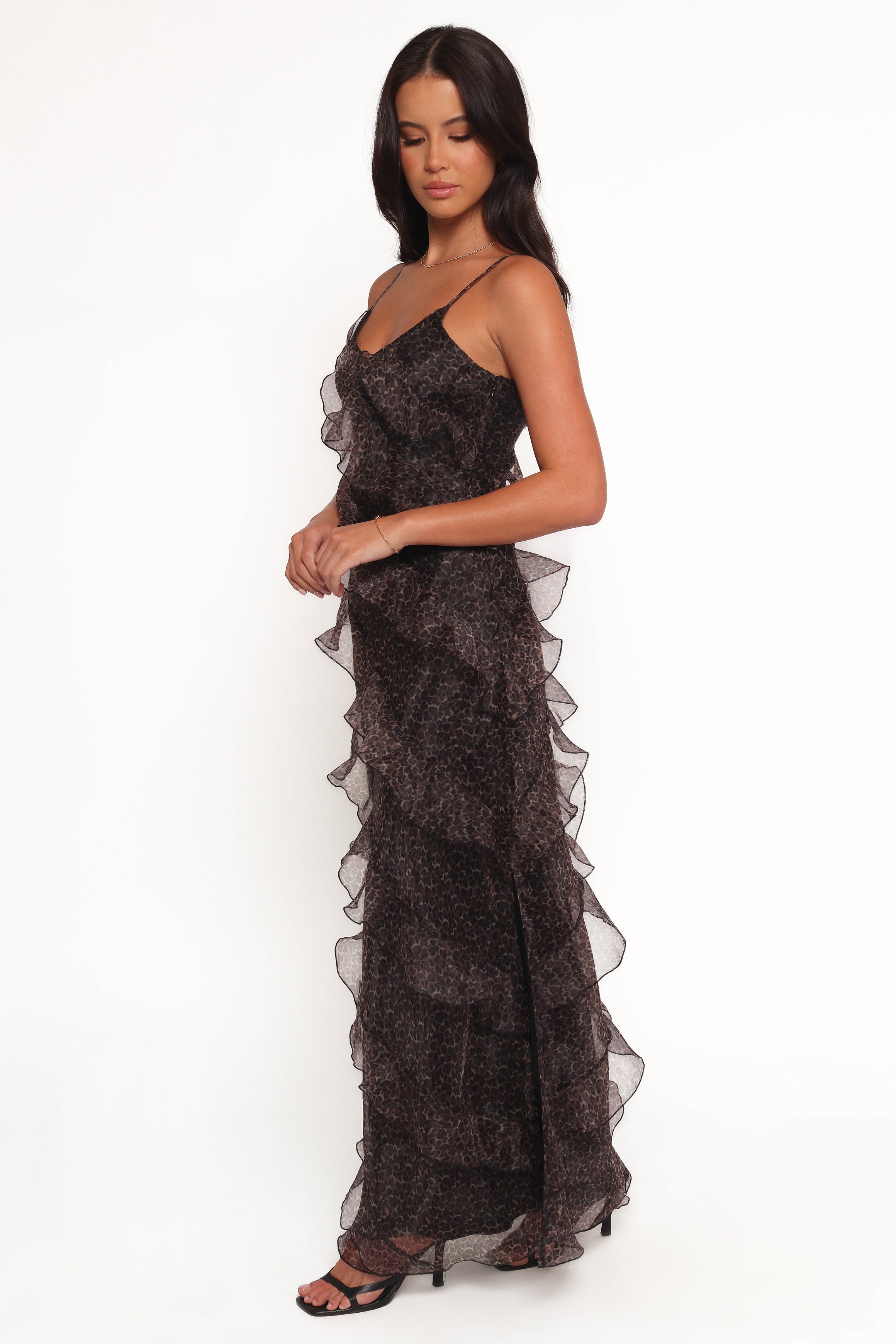 Ciao Ruffles Maxi Dress - Black Leopard Print Women's Long Dress for Casual Wear, Beach Vacation & Evening Parties