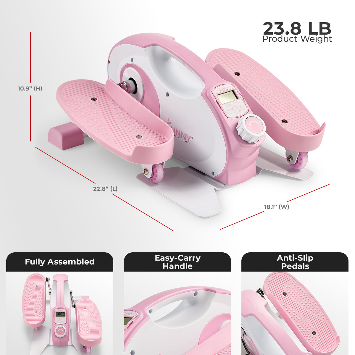 Smart Pink Under Desk Mini Elliptical Exercise Machine for Home & Office - Portable Foot Pedal Exerciser for Legs & Arms Workout While Sitting or Standing