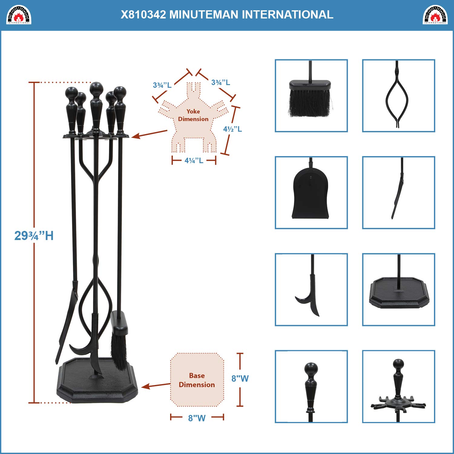 Plymouth 5-Piece Fireplace Tool Set with Square Base - Durable Fireplace Accessories for Home & Outdoor Fire Pits