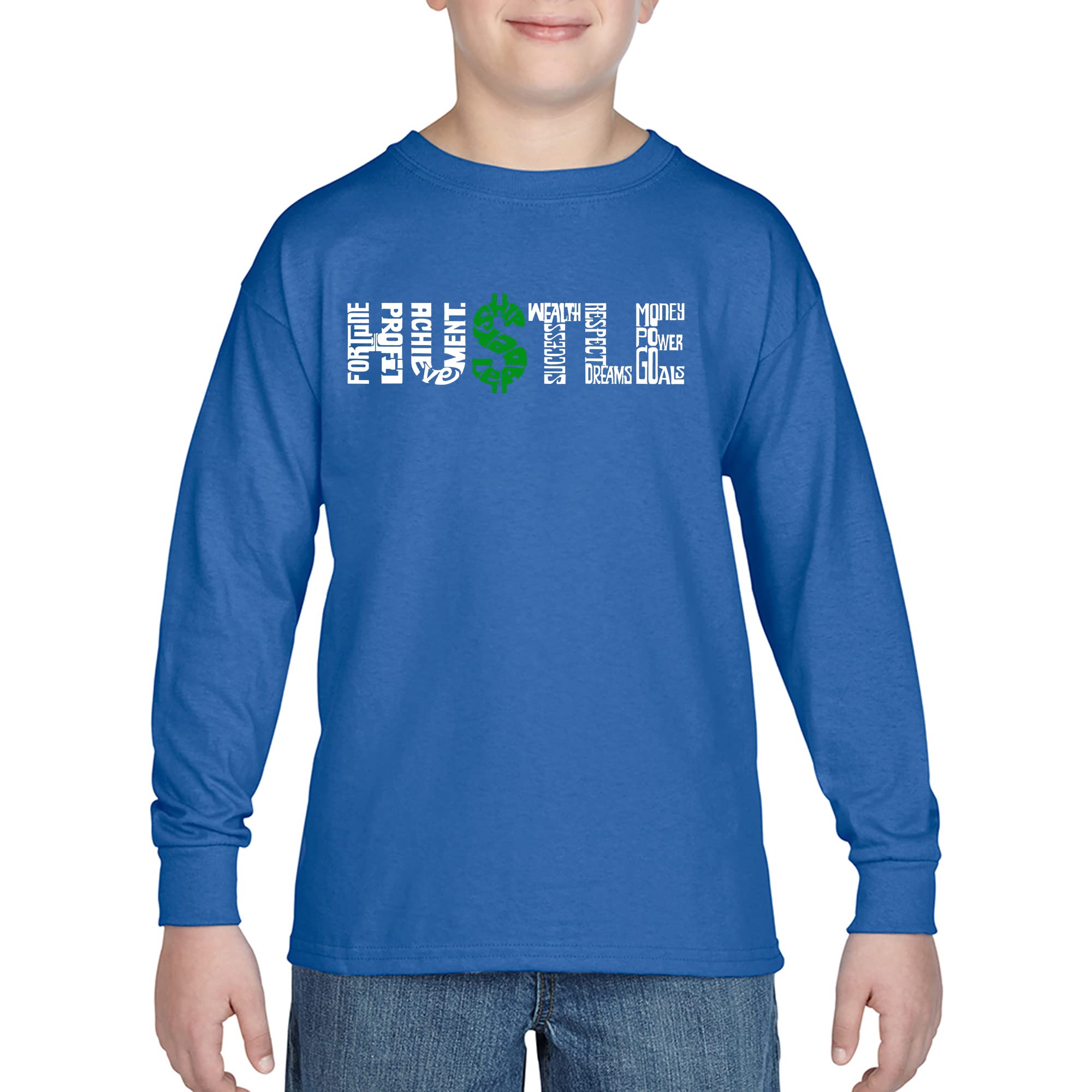 LA POP ART Boys' Motivational Word Art Long Sleeve T-Shirt - Hustle Design for School, Sports & Everyday Wear