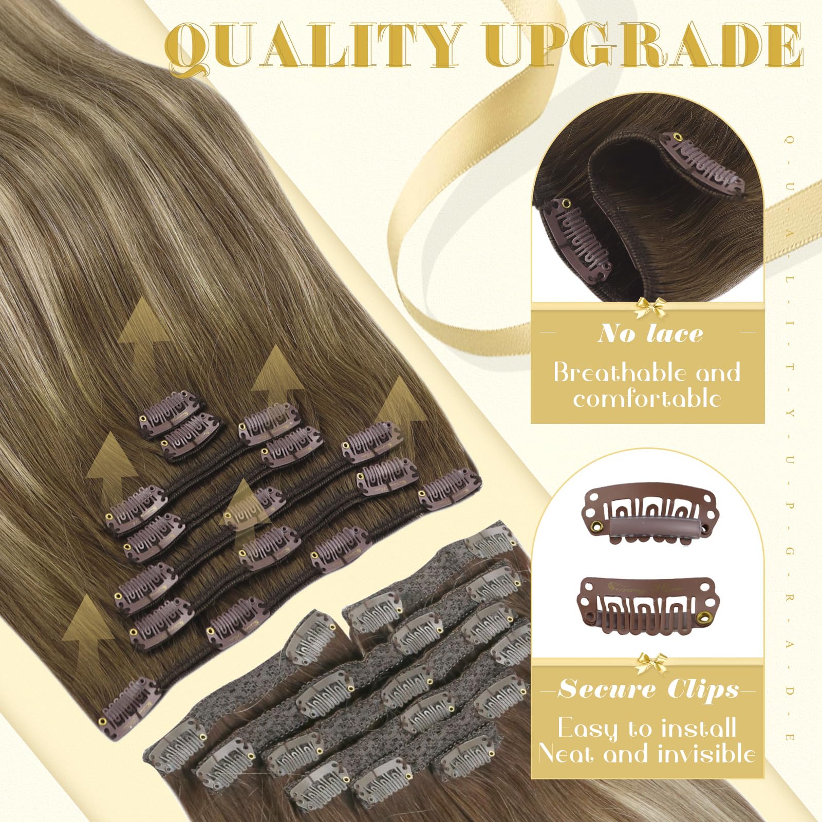 Ve Sunny 18inch Real Human Hair Clip-in Extensions - Balayage Brown to Blonde Ombre, 7pcs 120g, Durable & Natural for Daily Styling, Parties & Special Occasions