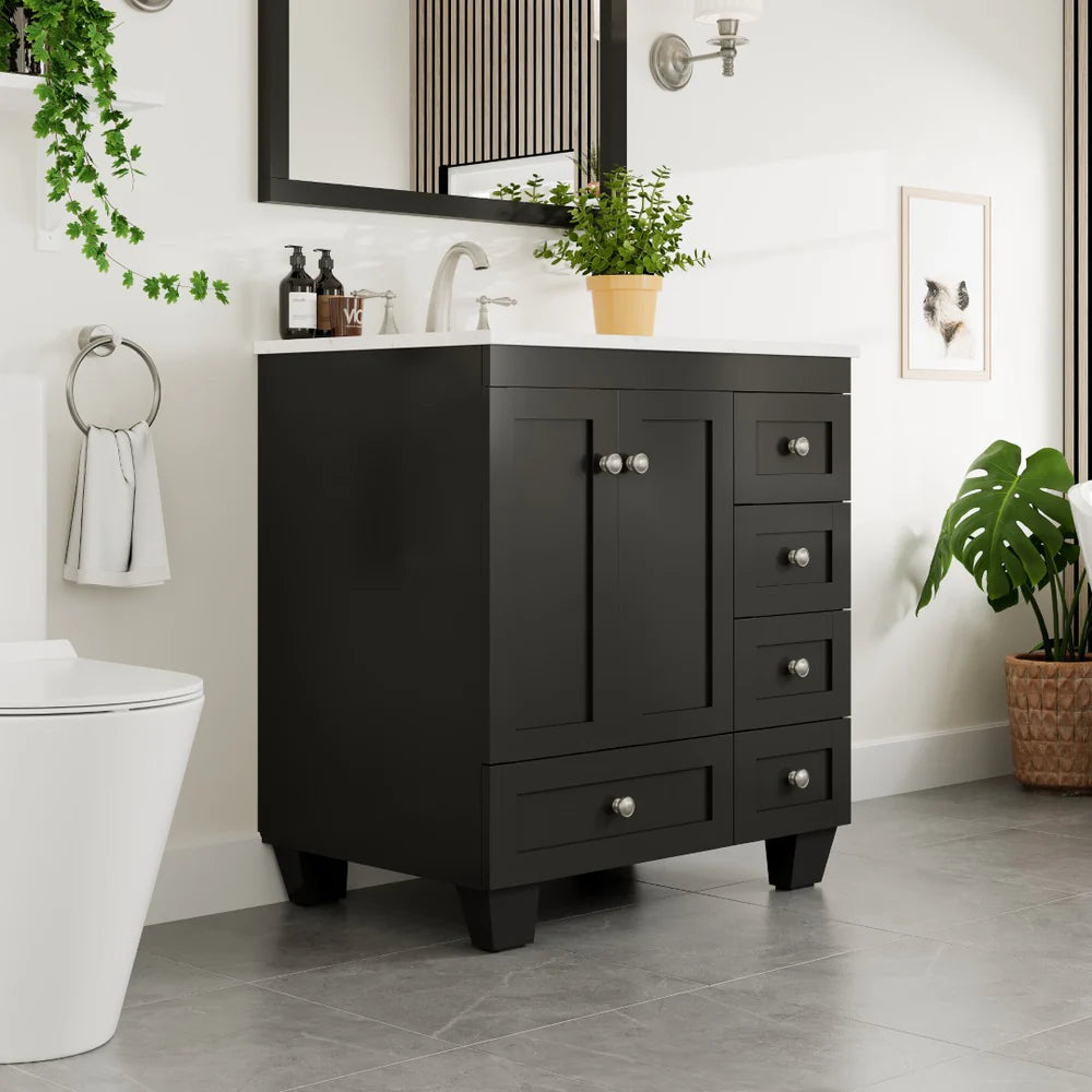 Eviva Acclaim 30 Inch Bathroom Vanity with Carrara Quartz Countertop - Modern White Bathroom Sink Cabinet for Small Spaces, Perfect for Powder Rooms and Guest Bathrooms
