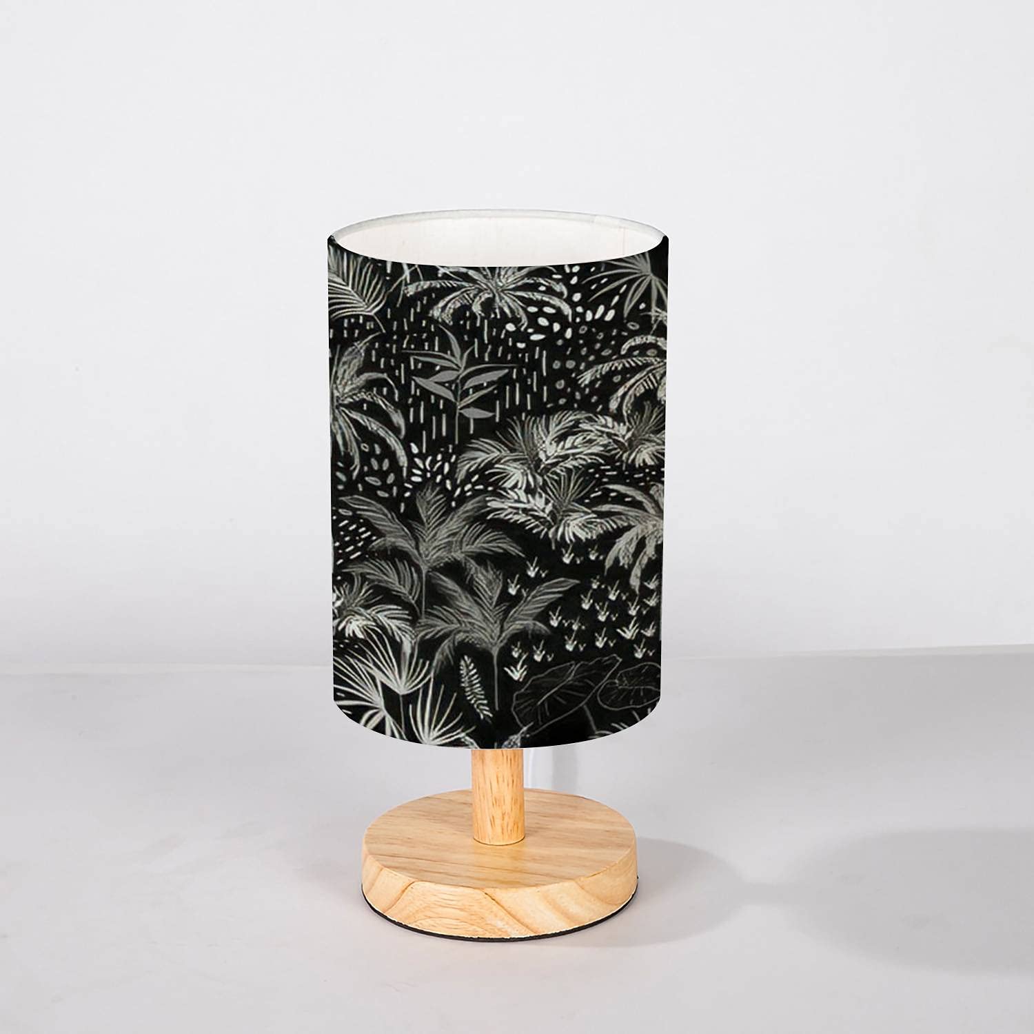 Minimalist Solid Wood Nightstand Lamp with Flaxen Fabric Shade - Dark Monotone Tropical Palm Pattern for Bedroom & Living Room | Modern Desk Lamp with Wood Base for Cozy Ambiance