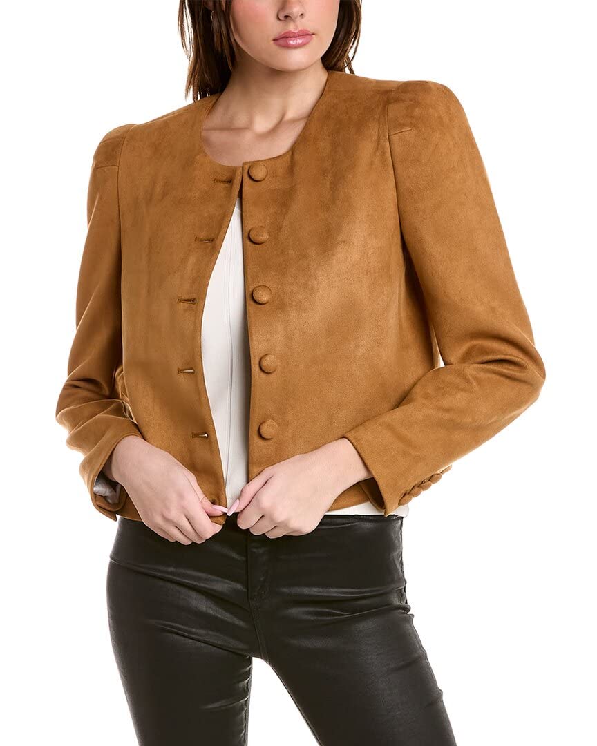 BCBGMAXAZRIA Women's Faux Suede Jacket - Relaxed Fit Long Sleeve Round Neck Button Up Coat for Casual Outings & Fall Layering