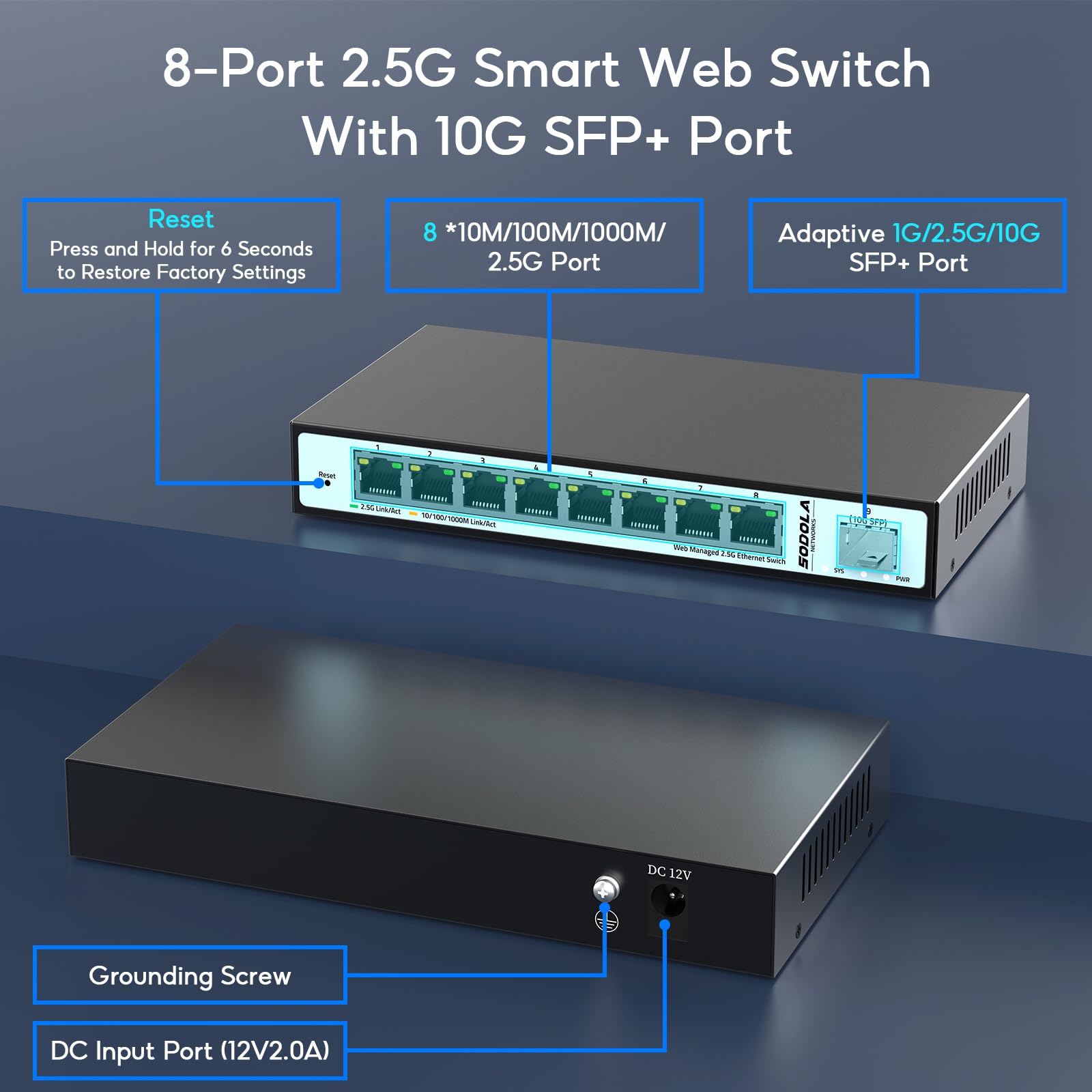 SODOLA 9-Port 2.5G Smart Managed Ethernet Switch with 10G SFP Slot - 8 x 2.5G Base-T Ports, Static Aggregation, QoS, VLAN, IGMP Support - Fanless Metal Design for Home Office & Small Business Networks
