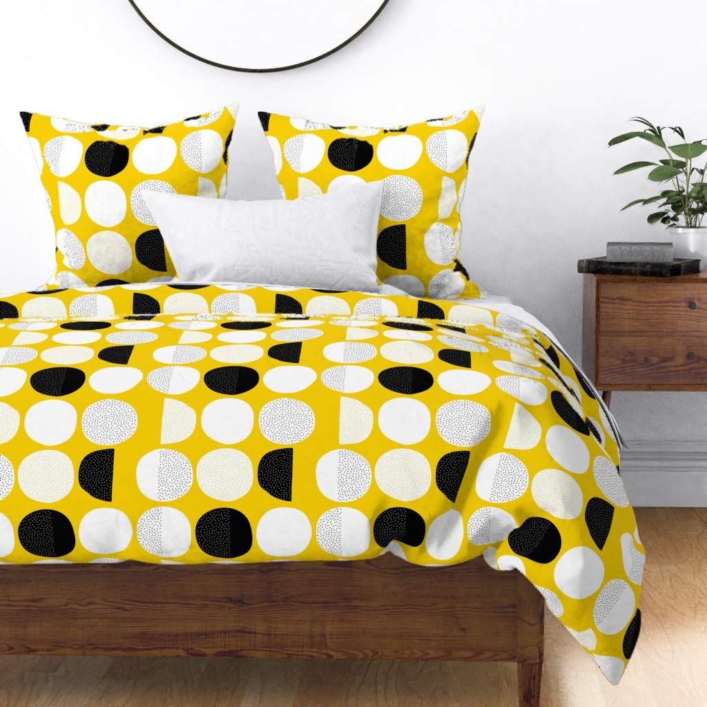 Scandi Retro Geometric Yellow Black Circles Moon Minimal Baby Print Cotton Sateen Duvet Cover - Twin Size Custom Bedding for Nursery, Kids Room & Modern Boho Decor