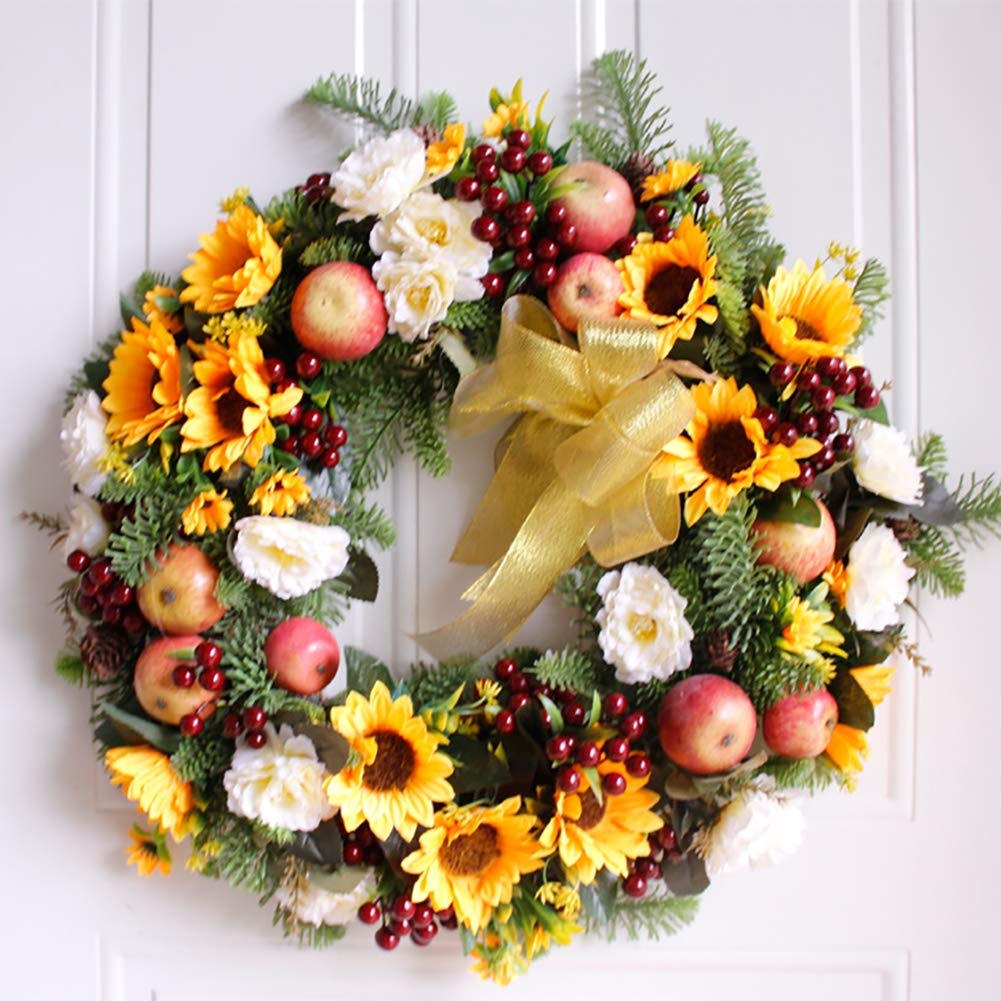 Fall Wreath with Berries, Sunflowers & Apples - Autumn Front Door Decor for Thanksgiving, Harvest Season | Perfect for Home, Porch & Seasonal Holiday Decoration