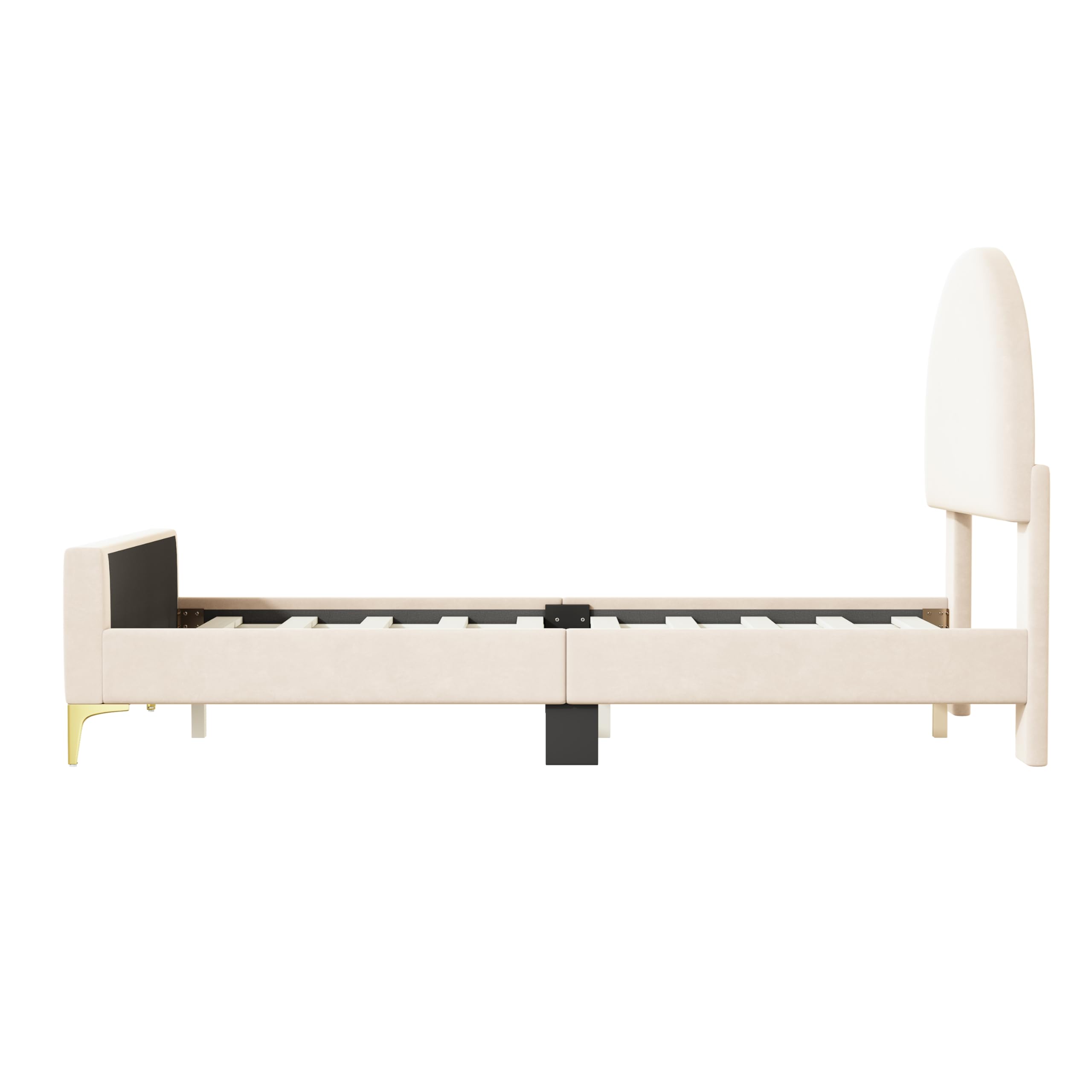 P PURLOVE Twin Upholstered Platform Bed - Modern Velvet Bed Frame with Semi-Circle Headboard & Metal Legs, Sturdy Wood Support for Boys, Girls & Teens (Beige) - Perfect for Bedrooms, Dorms & Guest Rooms