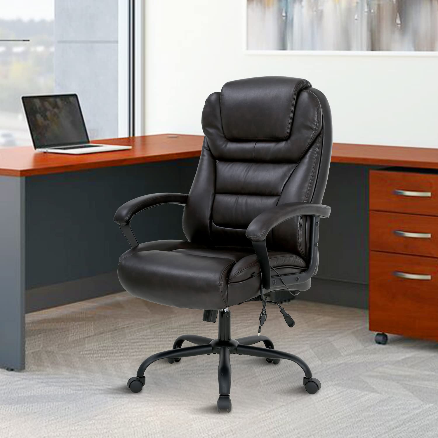 500lbs Heavy Duty Big and Tall Office Chair - Ergonomic Executive Desk Chair with Lumbar Support & Adjustable Arms - High Back PU Leather Computer Chair for Heavy People - Perfect for Home Office, Gaming & Workspaces (Brown)