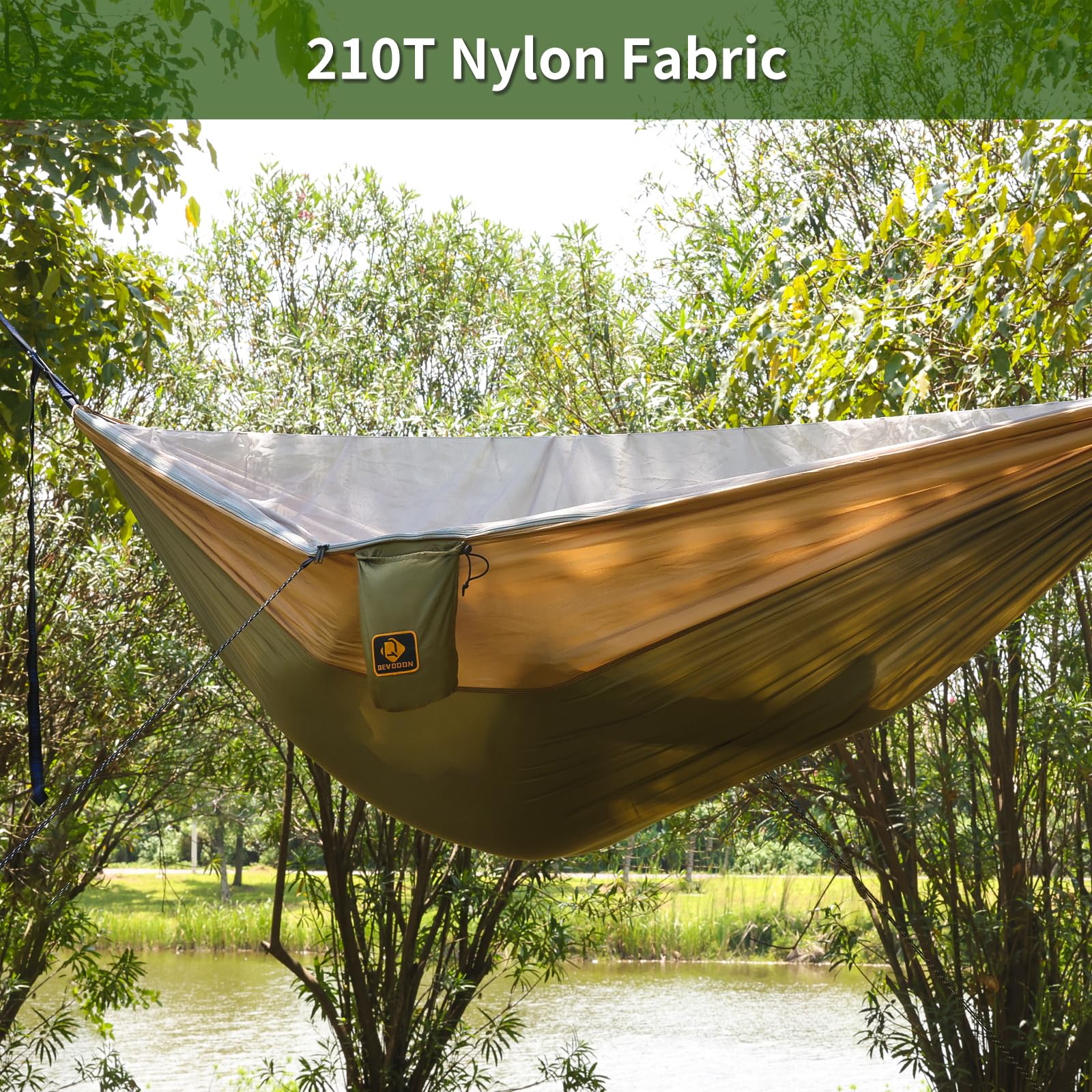 Portable Camping Hammock with Mosquito Net - Lightweight Nylon Parachute Hammock for Outdoor Adventures | Includes 10ft Tree Straps | Perfect for Travel, Hiking, Backpacking, Beach & Patio (Green & Khaki) | Great for Summer Camping, Backyard Relaxation & Wilderness Adventures