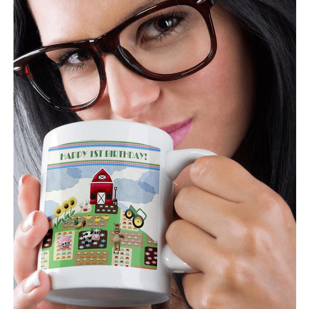 1st Birthday Farm Mug - 15oz Ceramic Cup with Barn & Animals for Kids Party