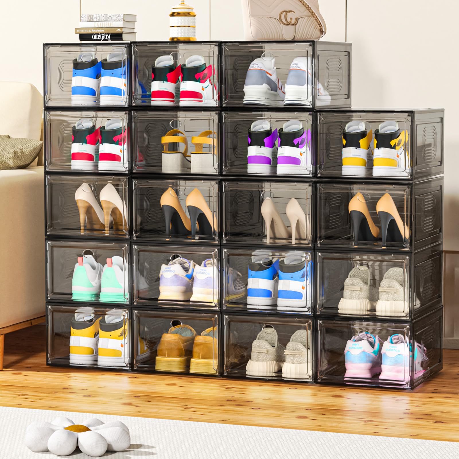 8 Pack Clear Stackable Shoe Storage Boxes with Magnetic Door - Thick Plastic Organizer for Shoes, Boots & Sneakers | Perfect for Closet Organization & Wall Display (Black)