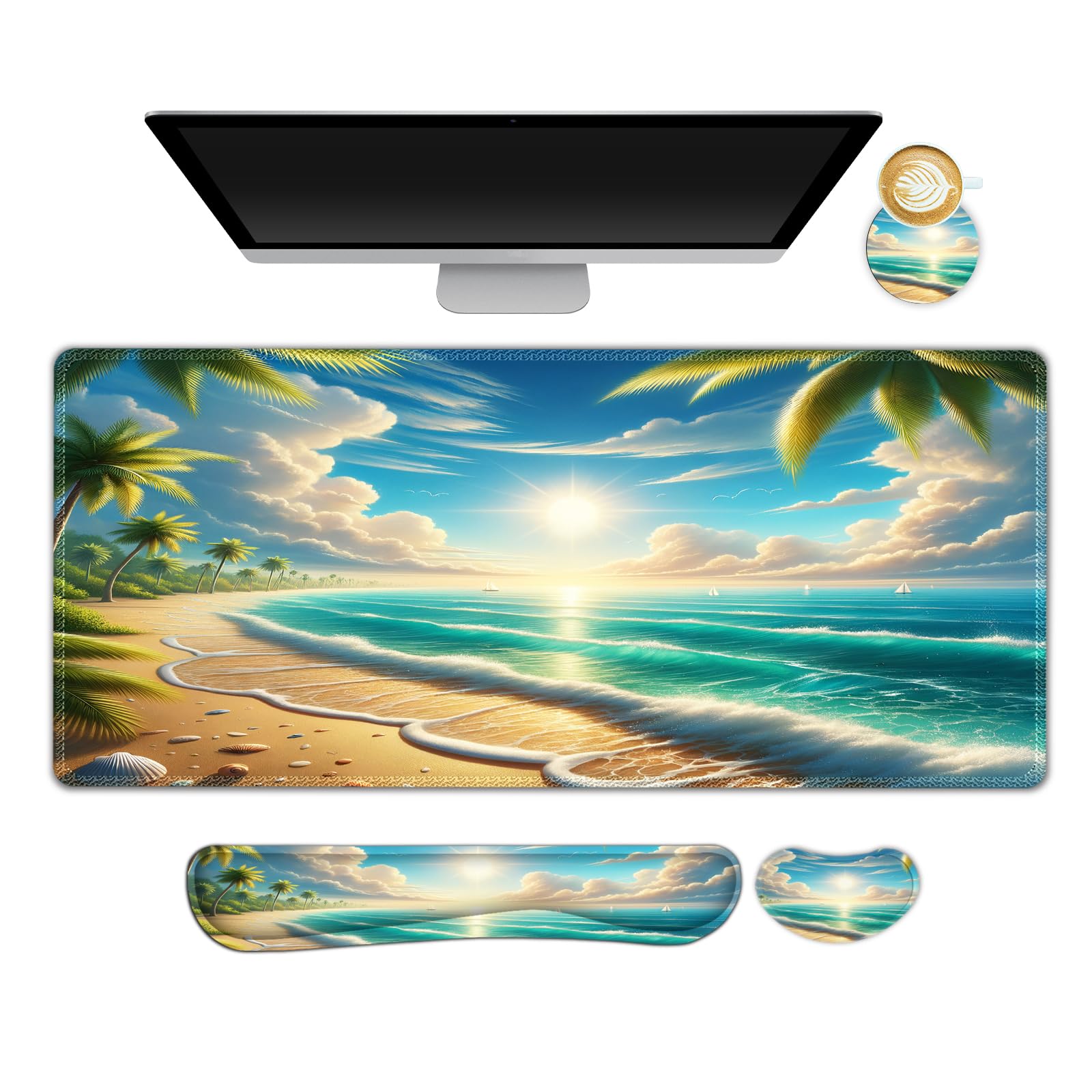 Large Extended Mouse Pad with Ergonomic Keyboard Wrist Rest - Non-Slip Desk Mat & Protector for Home Office - Perfect for Gaming, Work & Sunny Beach Decor