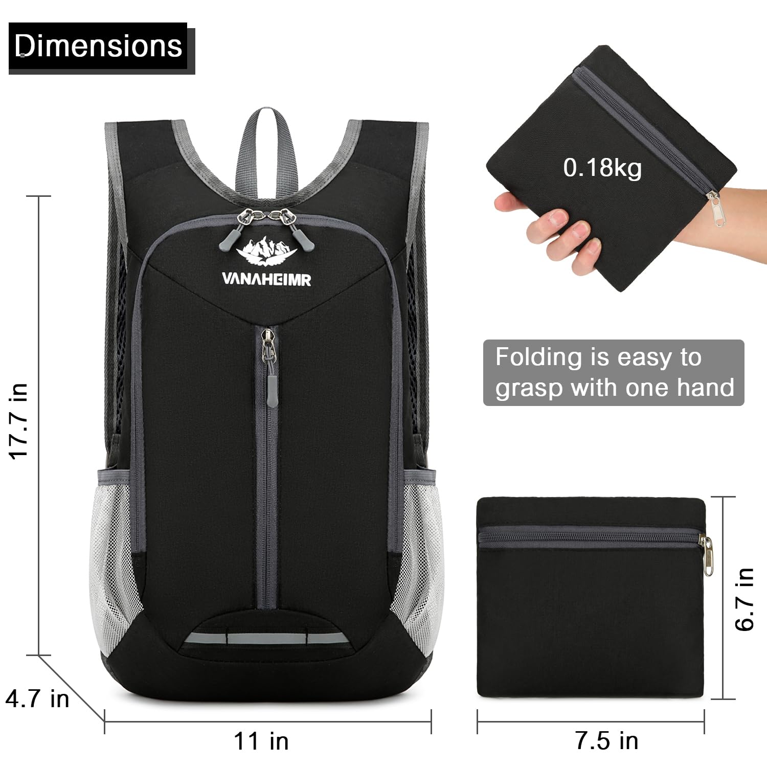 Esup 15L Lightweight Foldable Hiking Backpack - Compact Travel Daypack for Camping, Hiking & Outdoor Adventures - Water-Resistant Packable Backpack for Women & Men (Black)