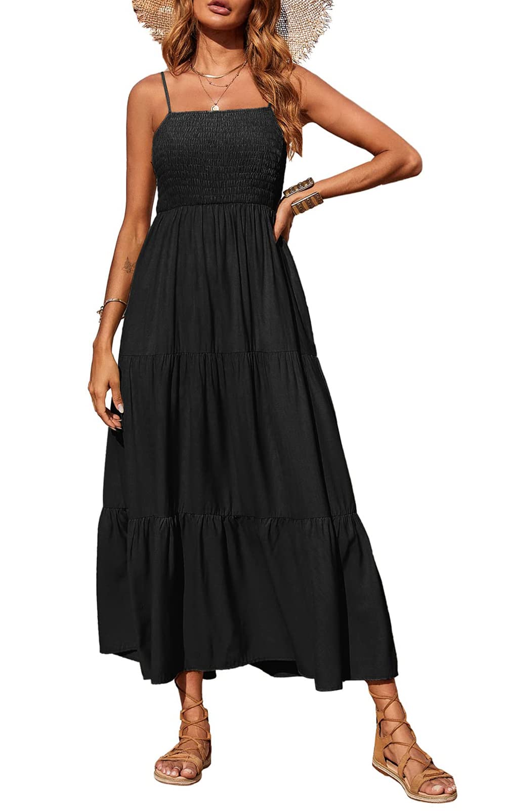 PRETTYGARDEN Women's Summer Maxi Dress - Casual Boho Sleeveless Spaghetti Strap Smocked Tiered Long Beach Sun Dress for Vacation, Pool Party & Date Night