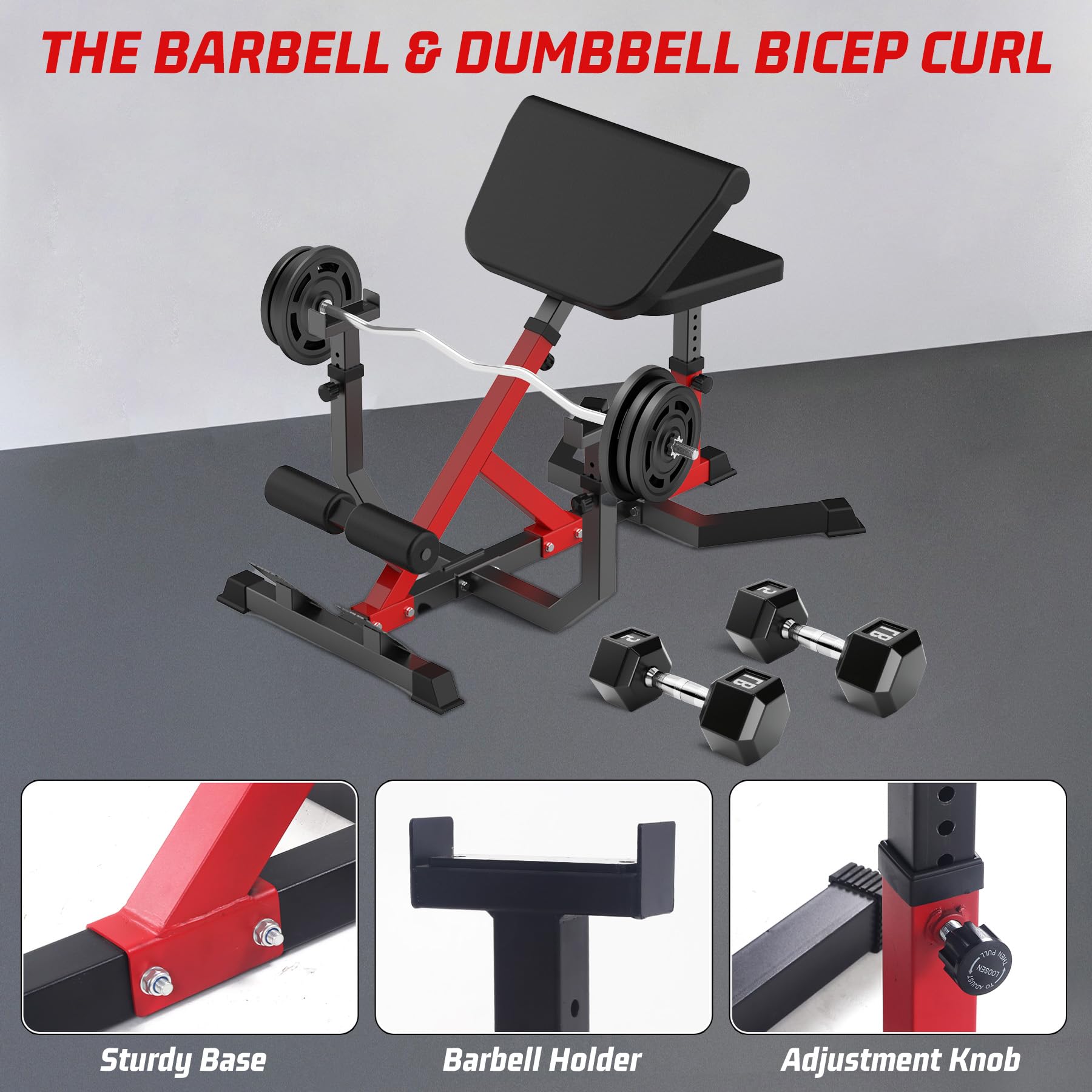 GARVEE 2-in-1 Roman Chair & Preacher Curl Bench - Adjustable Height Hyperextension Bench for Home Gym - Arms, Abs, Back, Glutes & Leg Workout Equipment - Heavy Duty Multi-Functional Fitness Bench (Red) - Perfect for Home Workouts, Strength Training & Core Exercises