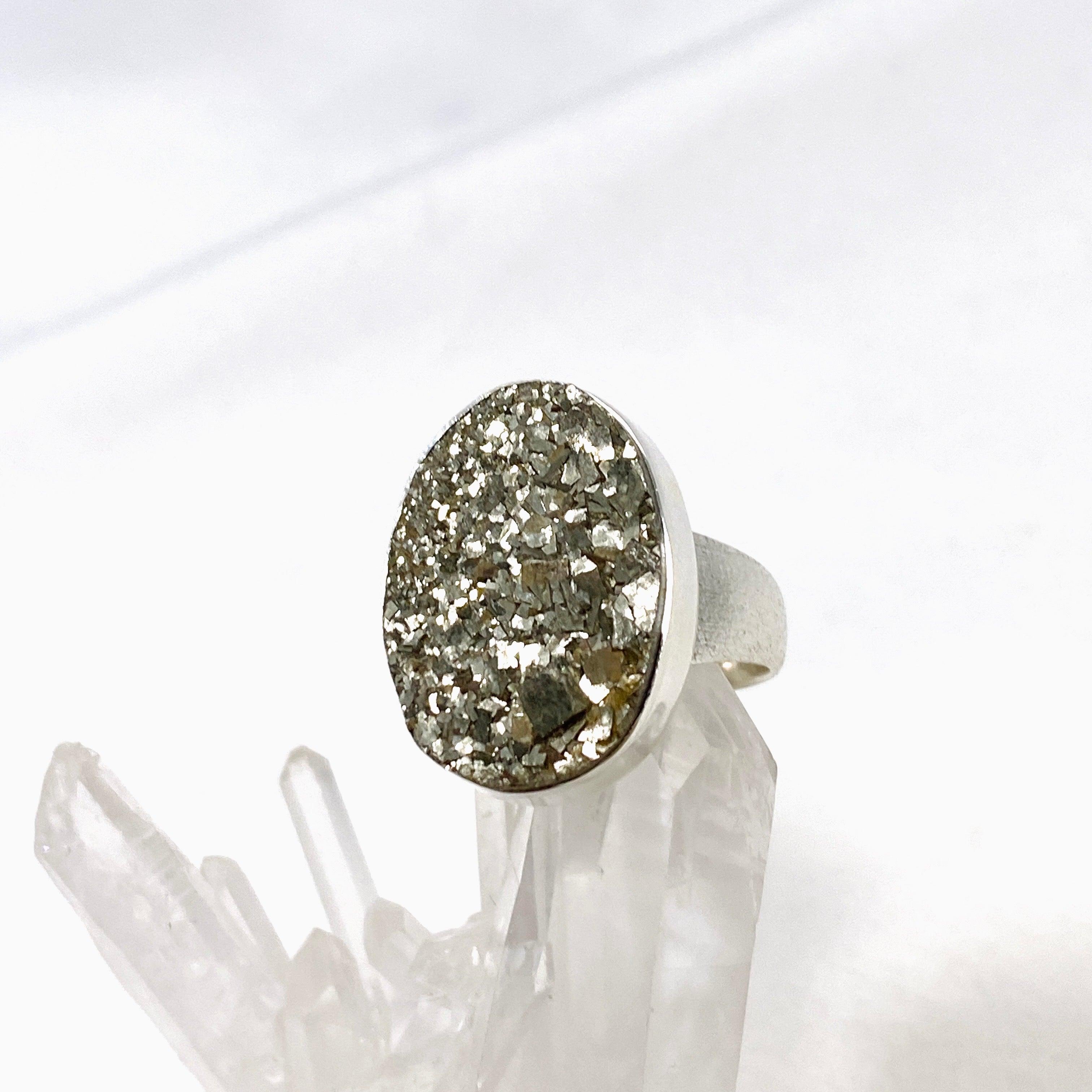 Natural Pyrite Raw Oval Ring with Brushed Silver Band - Size 9 - KRGJ3194 - Perfect for Boho Jewelry Lovers & Crystal Healing Enthusiasts