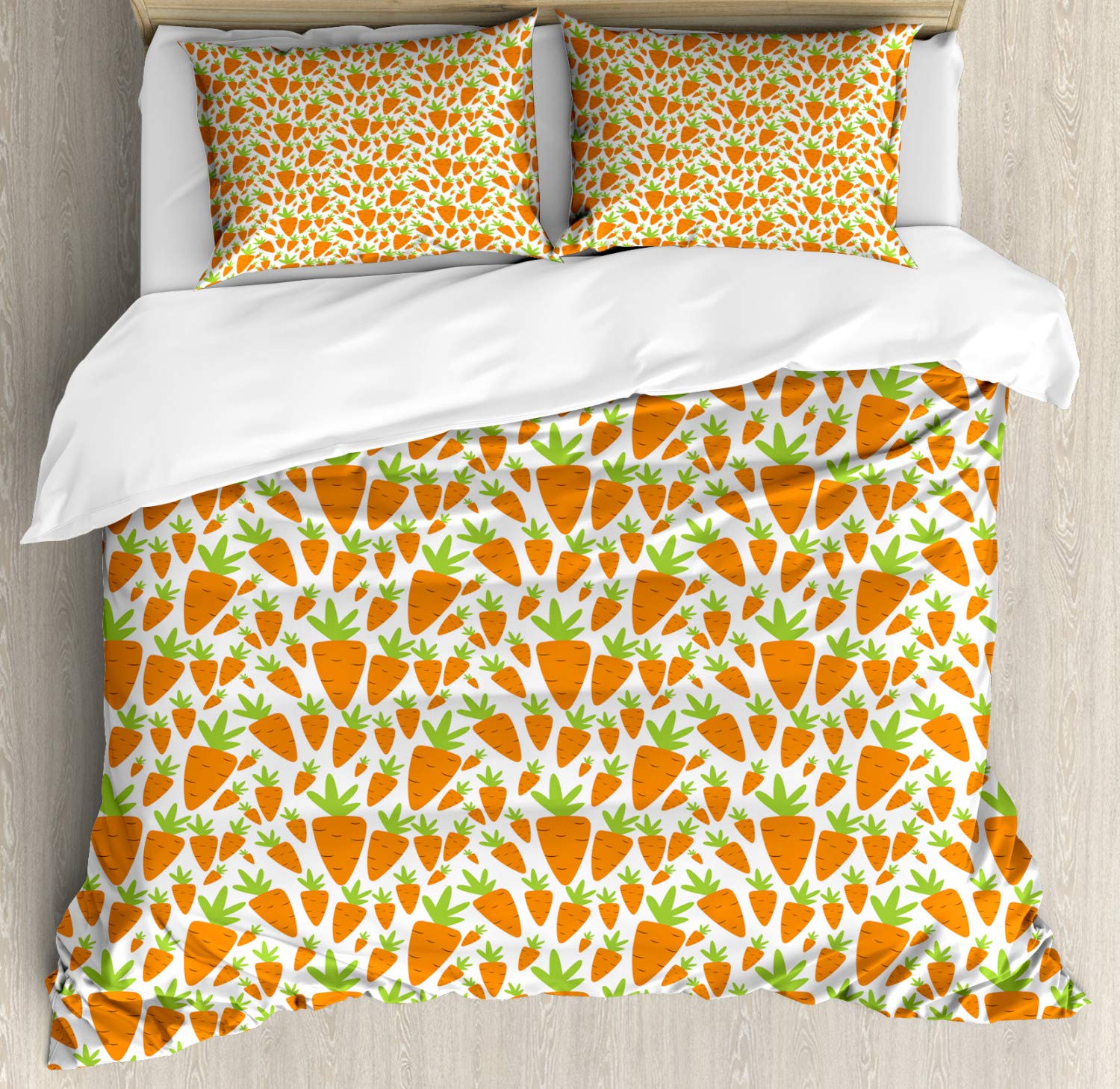 Lunarable Gardening Duvet Cover Set - Cartoon Hand Drawn Funky Carrot Roots with Minimalist Leaf Design, 3-Piece Decorative Bedding Set with 2 Pillow Shams, California King Size, Orange & Apple Green | Perfect for Kids' Rooms, Farmhouse Decor & Vegetable Garden Themed Bedrooms