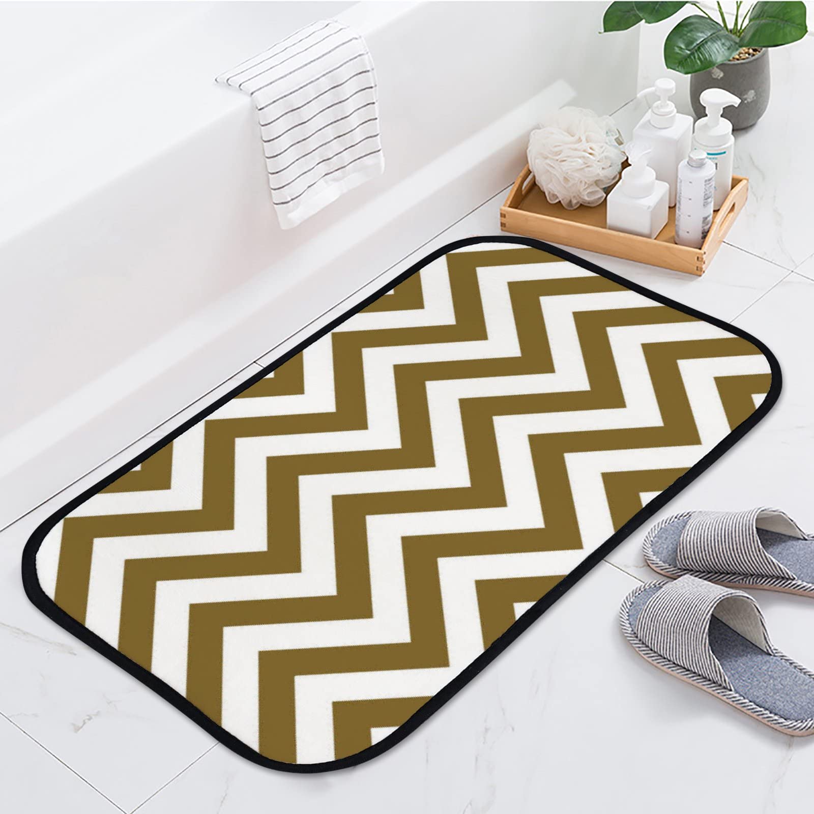 Soft Foam Non-Slip Washable Area Rug - Brown Rectangle Wave Pattern for Kitchen, Bathroom, Living Room - Indoor/Outdoor Home Decor Mat 23.6x15.7 inches - Perfect for High-Traffic Areas, Pet-Friendly Spaces & Cozy Home Accents